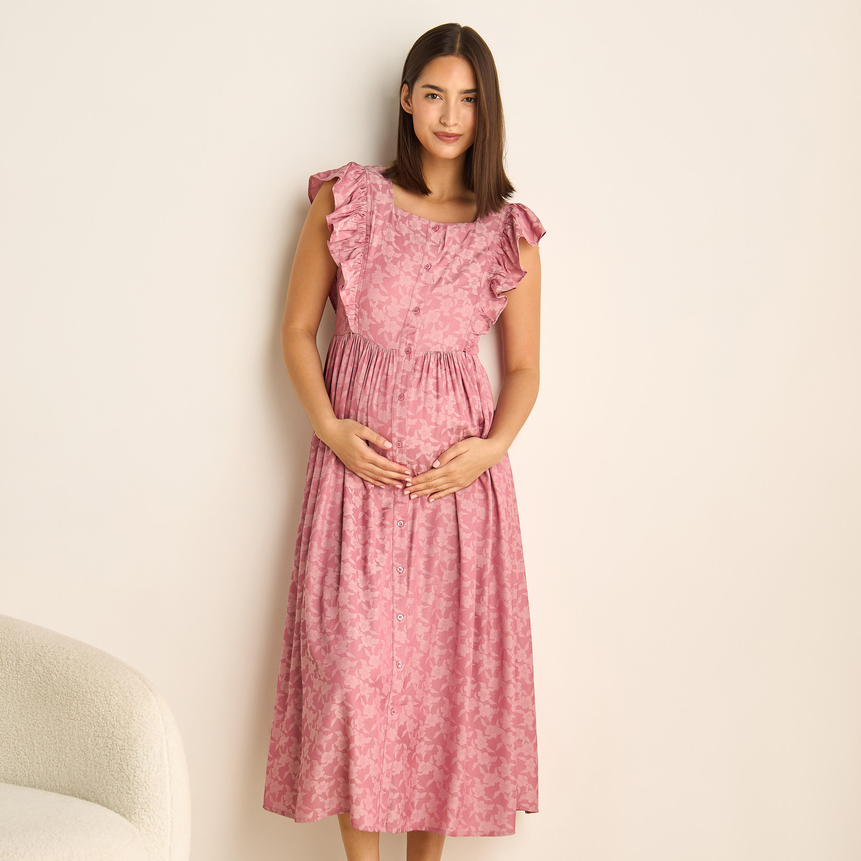 فستان نوم للحوامل بطبعات الأزهار بياقة مربعة وتفاصيل كشكش-women-clothing-maternity-nightwear-image-6