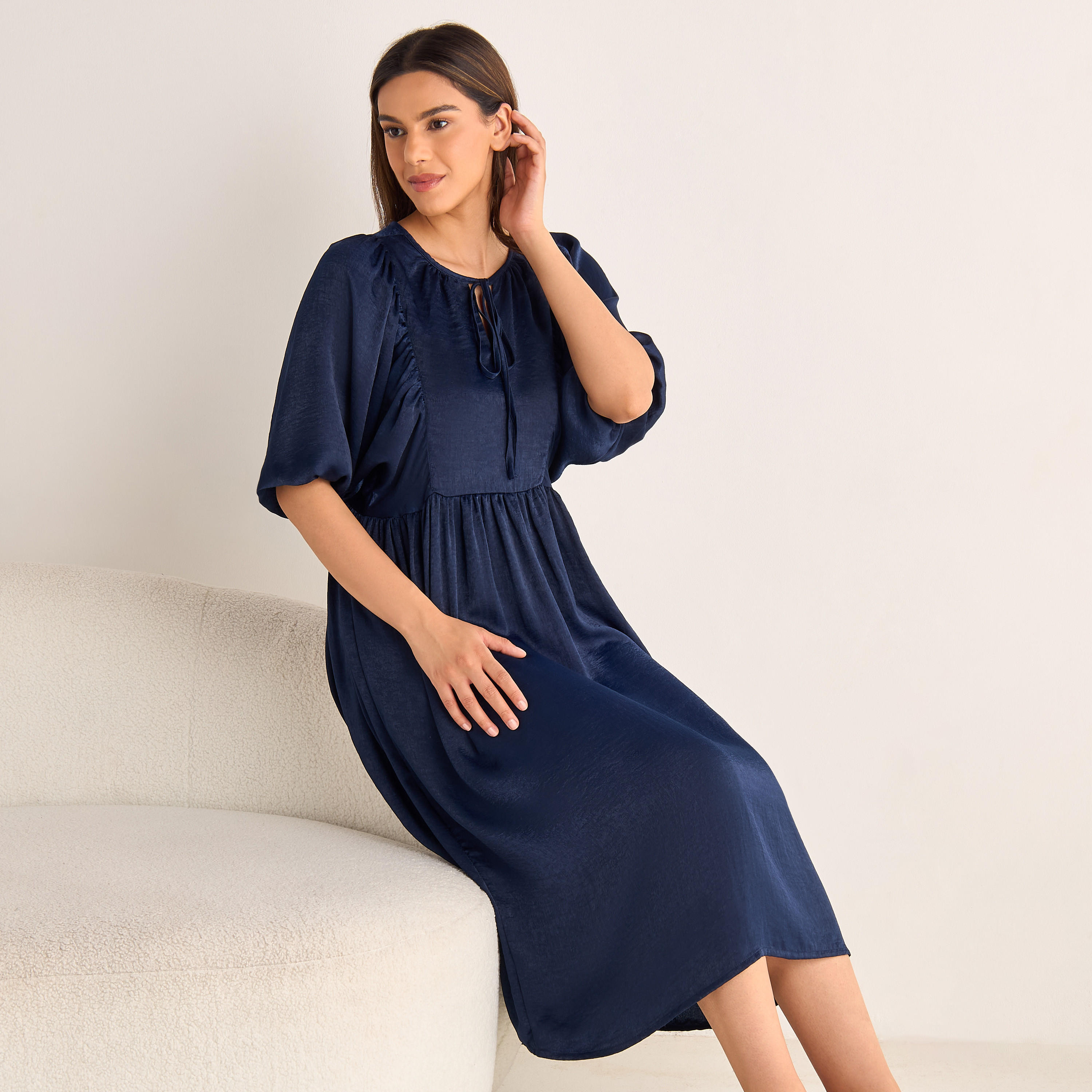 Tie-Up Detail Night Dress with Short Sleeves-women-clothing-nightwear-nighties-image-1