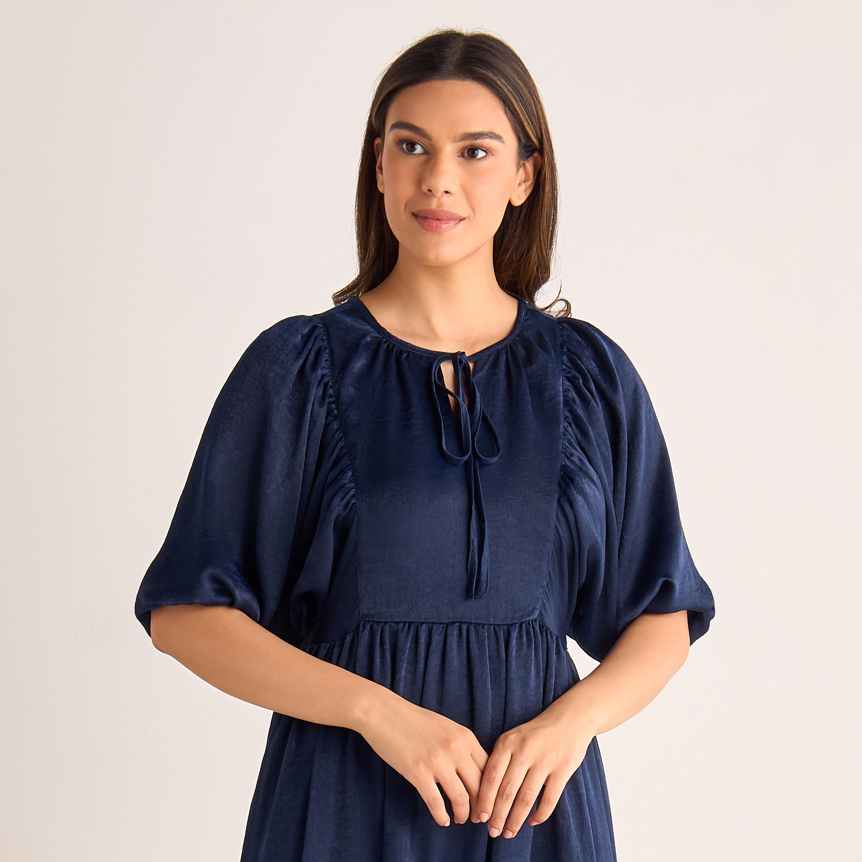 Tie-Up Detail Night Dress with Short Sleeves-women-clothing-nightwear-nighties-image-4