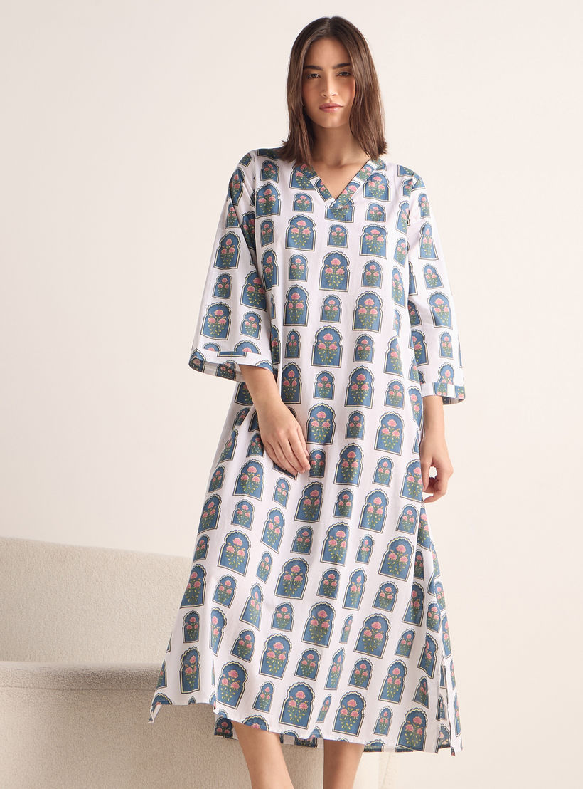قميص نوم بياقة V وأكمام 3/4 وطبعات-women-clothing-nightwear-nighties-image-2