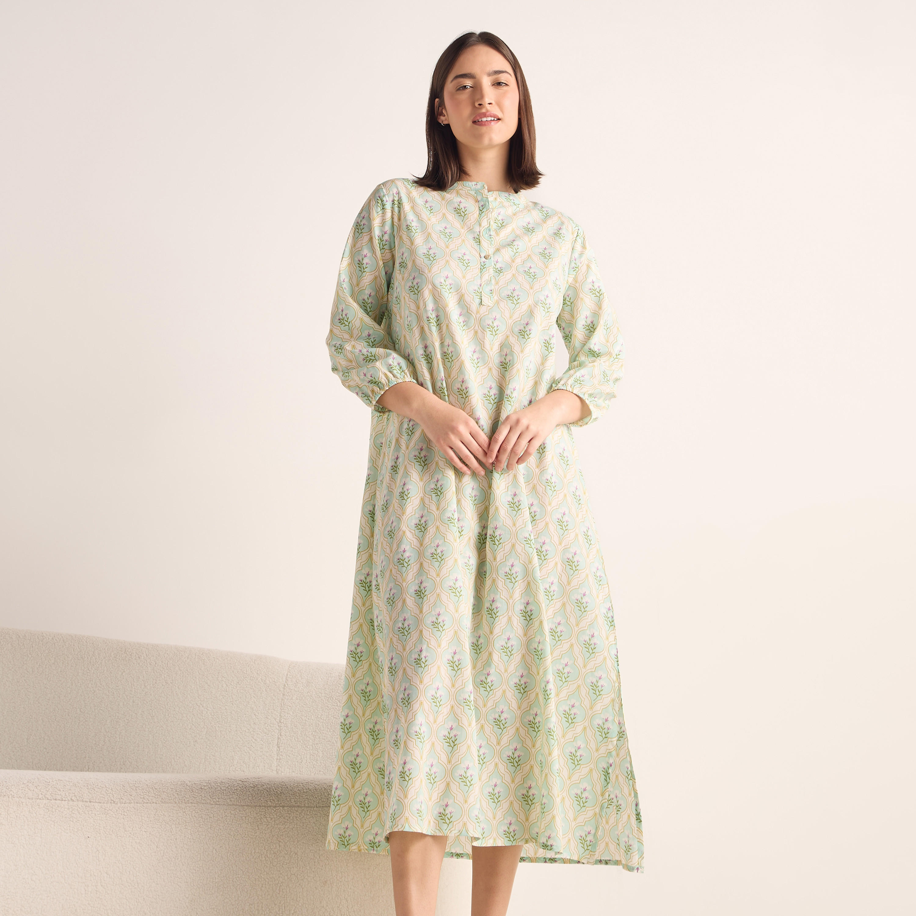 فستان قطن بياقة ماندارين وأكمام 3/4 وطبعات-women-clothing-nightwear-nighties-image-1