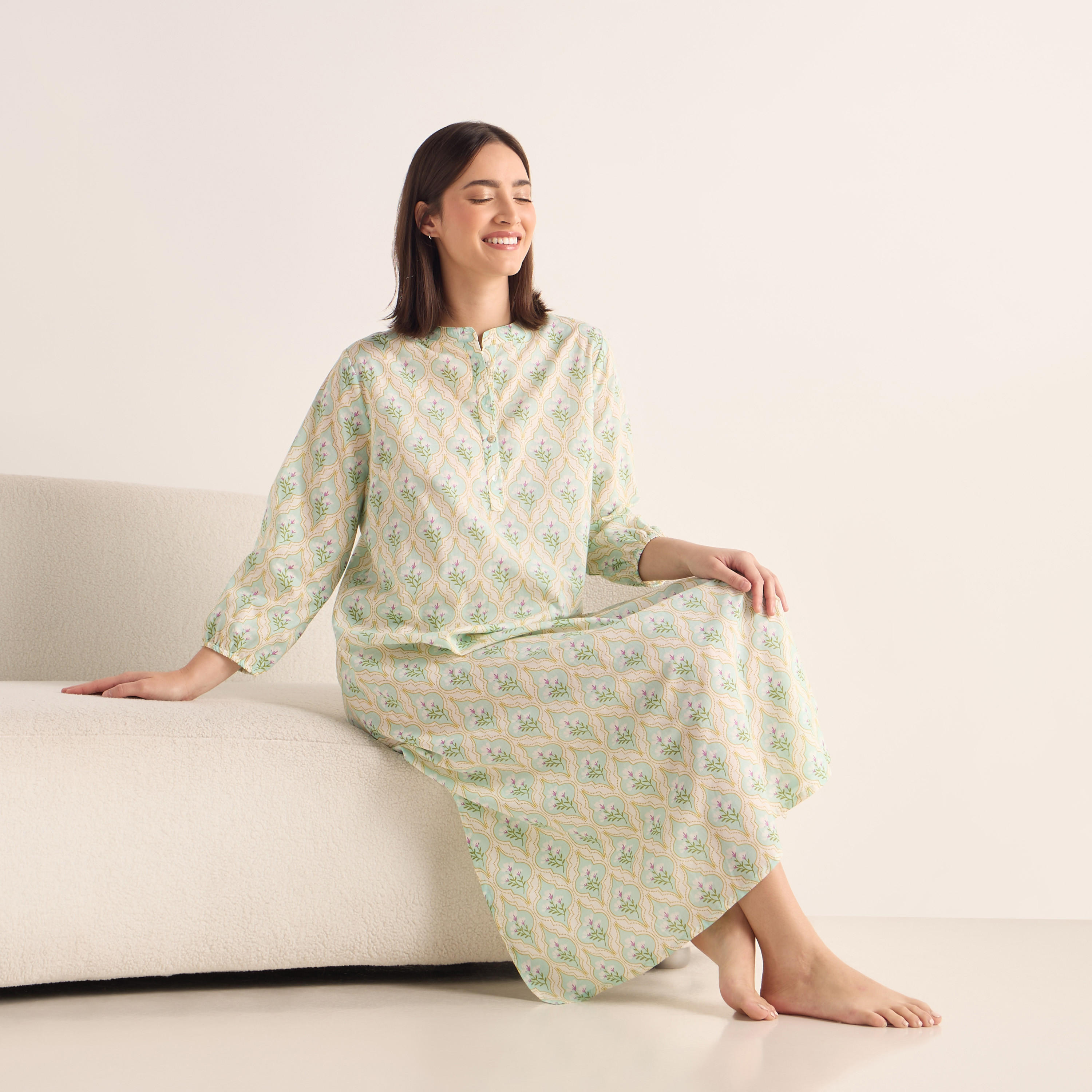فستان قطن بياقة ماندارين وأكمام 3/4 وطبعات-women-clothing-nightwear-nighties-image-2