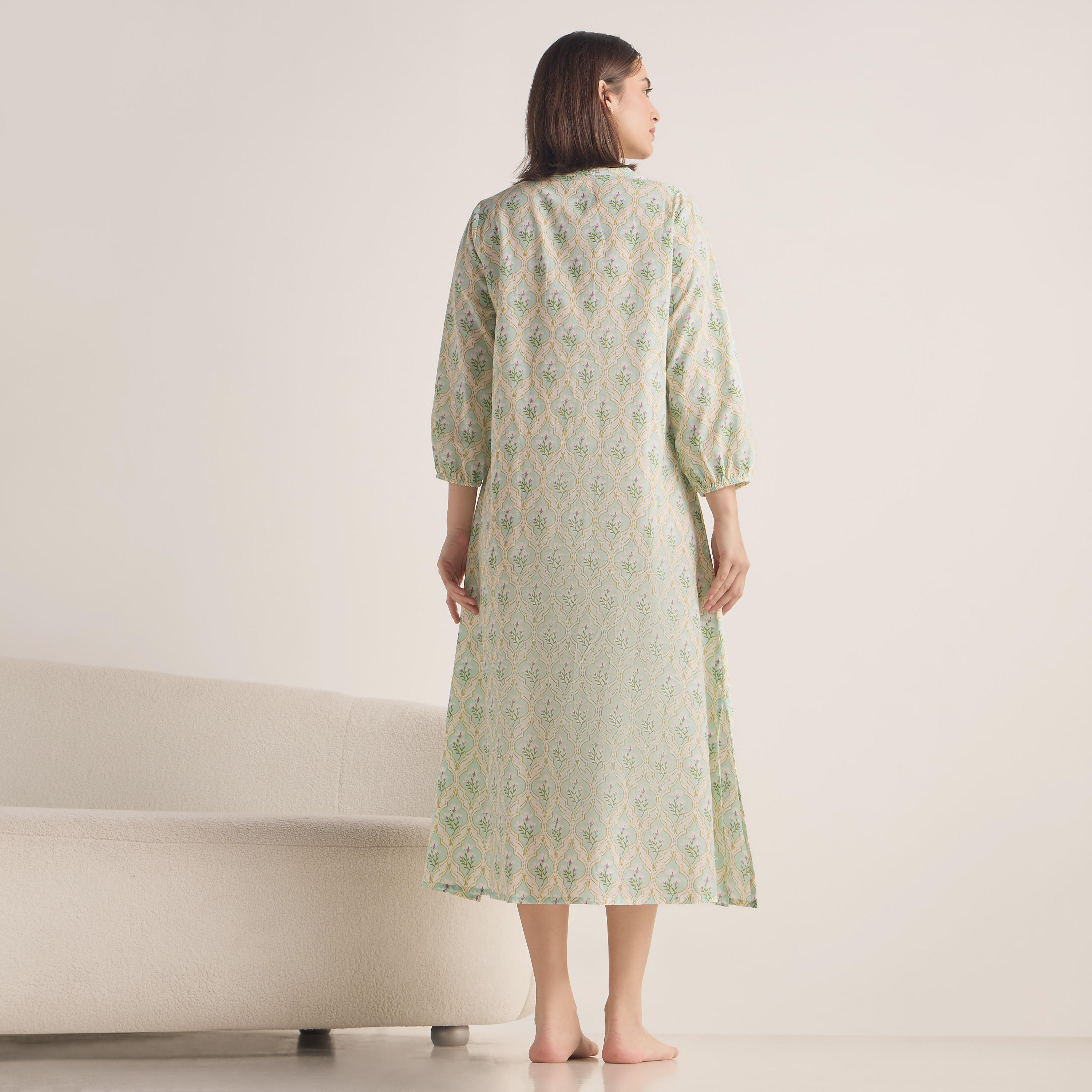 فستان قطن بياقة ماندارين وأكمام 3/4 وطبعات-women-clothing-nightwear-nighties-image-3