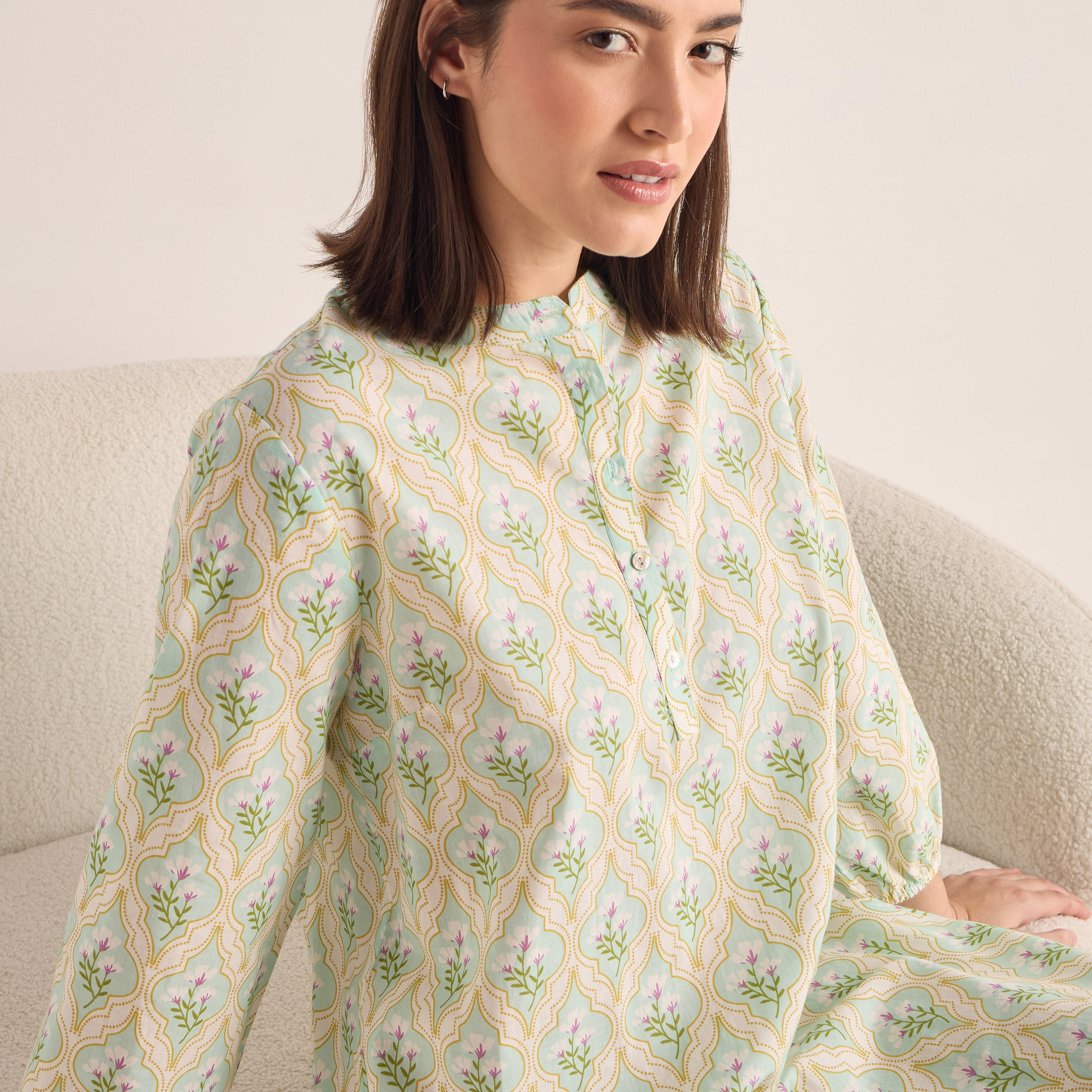فستان قطن بياقة ماندارين وأكمام 3/4 وطبعات-women-clothing-nightwear-nighties-image-4