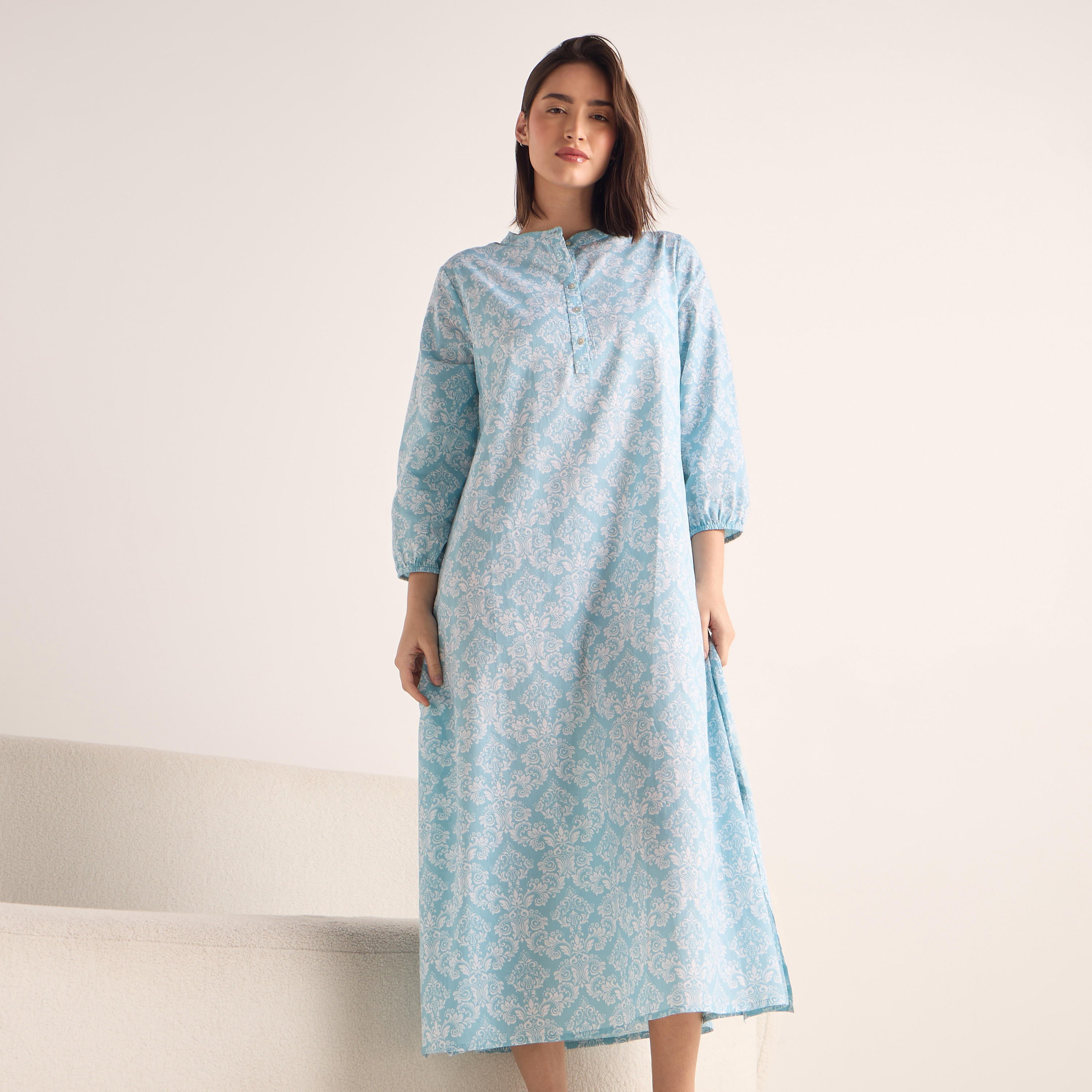قميص نوم بياقة ماندارين وأكمام 3/4 وطبعات-women-clothing-nightwear-nighties-image-1
