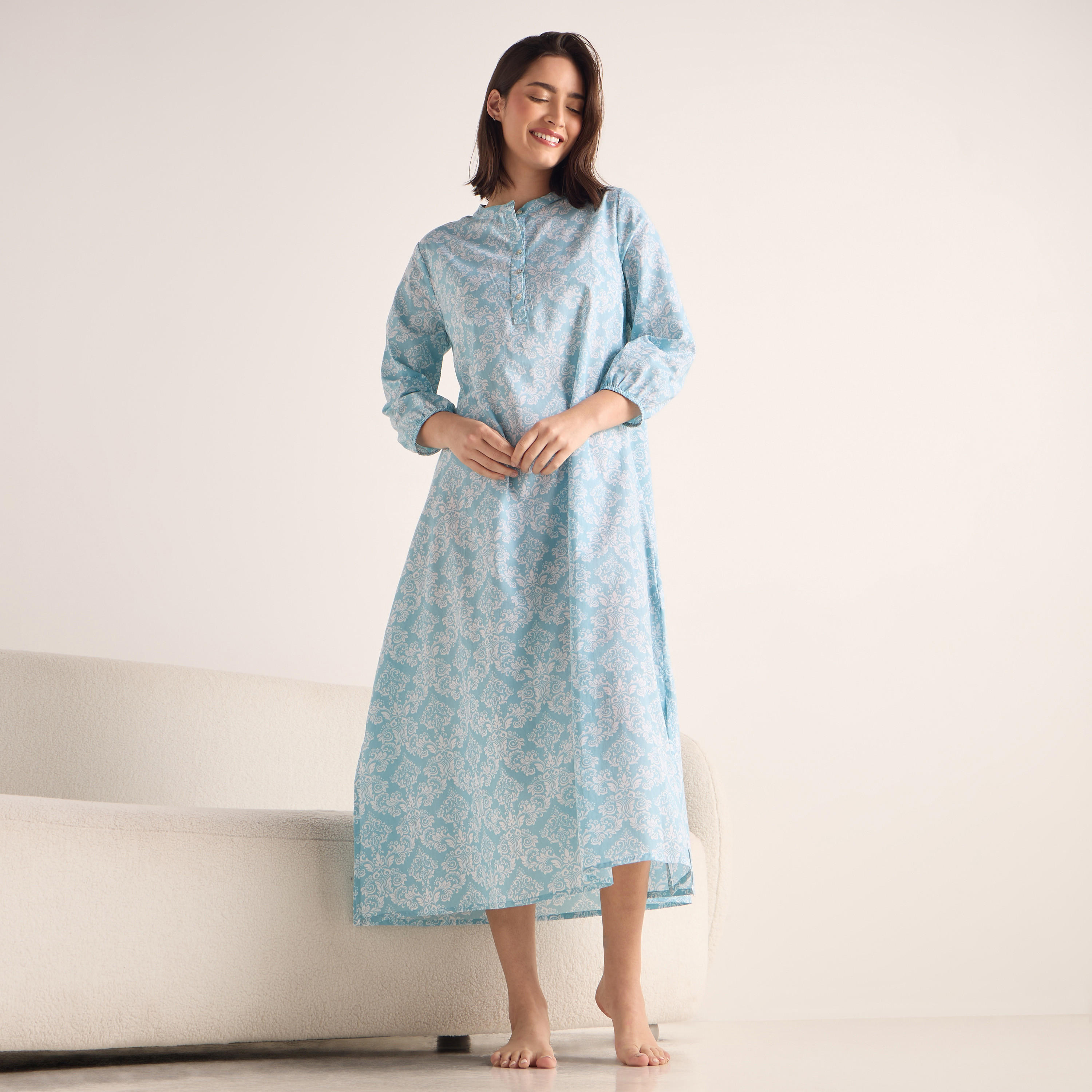 قميص نوم بياقة ماندارين وأكمام 3/4 وطبعات-women-clothing-nightwear-nighties-image-2