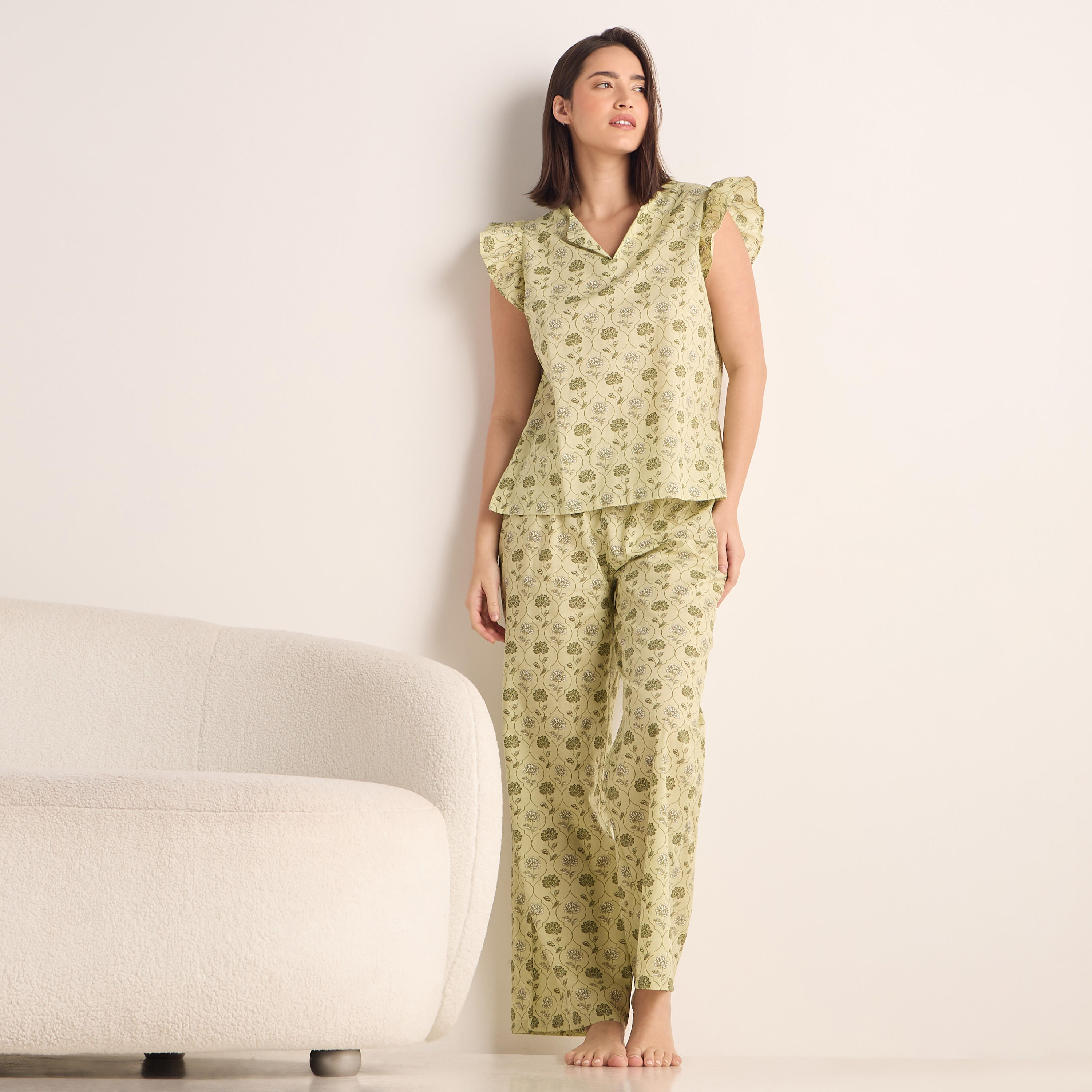 طقم بنطلون بيجاما وبلوزة قطن بأكمام كشكش وطبعات-women-clothing-nightwear-pyjamas-longsets-image-1