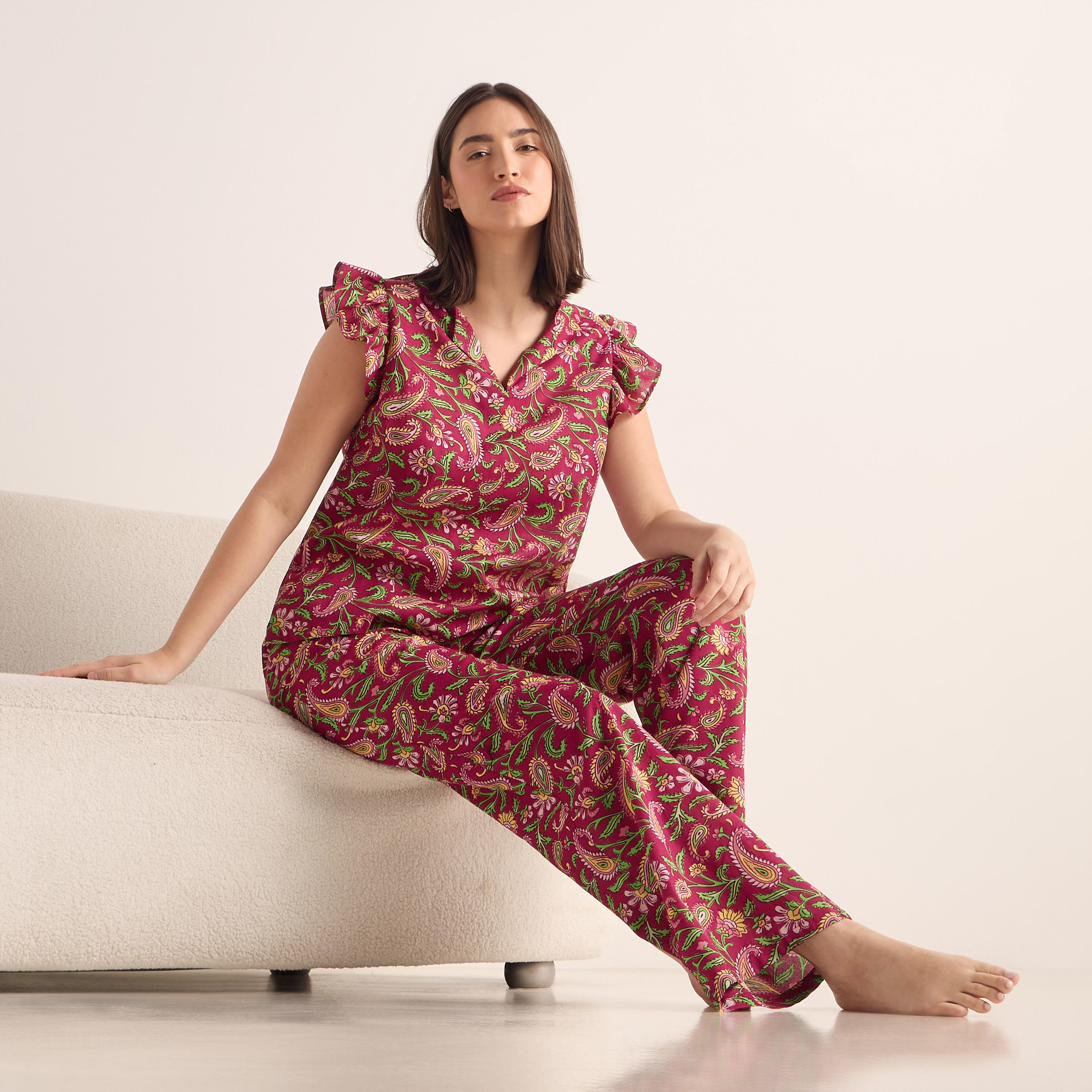 Printed Ruffle Sleeves Top and Pyjama Set-women-clothing-nightwear-pyjamas-longsets-image-1