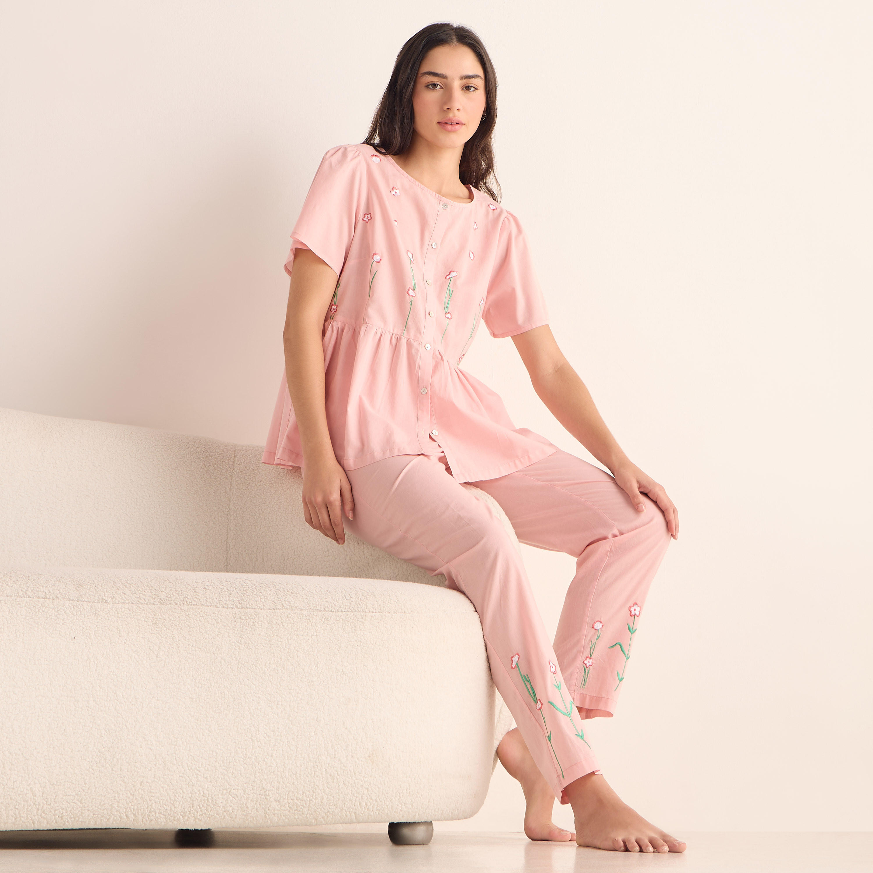طقم بنطلون بيجاما وقميص قطن مطرّز-women-clothing-nightwear-pyjamas-longsets-image-1