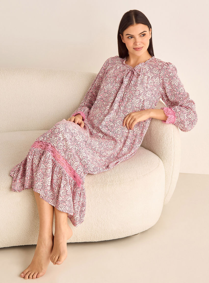 ثوب نوم بأكمام طويلة وياقة بأربطة وطبعات زهرية-women-clothing-nightwear-nighties-image-2