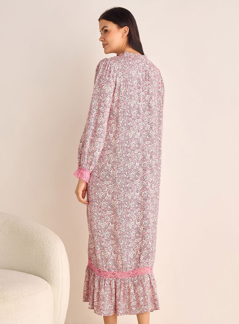 ثوب نوم بأكمام طويلة وياقة بأربطة وطبعات زهرية-women-clothing-nightwear-nighties-image-3