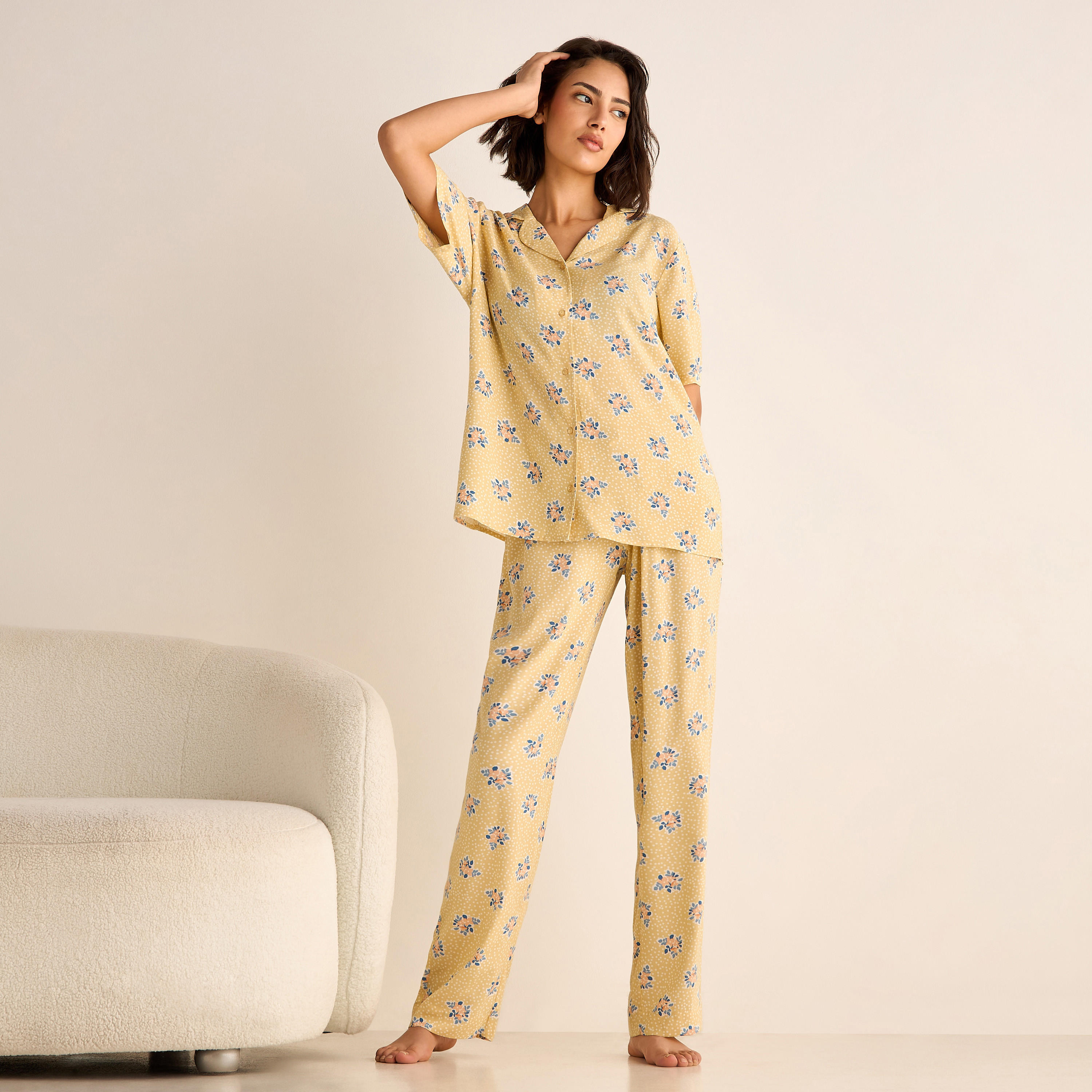 Shop All-Over Floral Print Shirt and Pyjama Set Online | Splash UAE