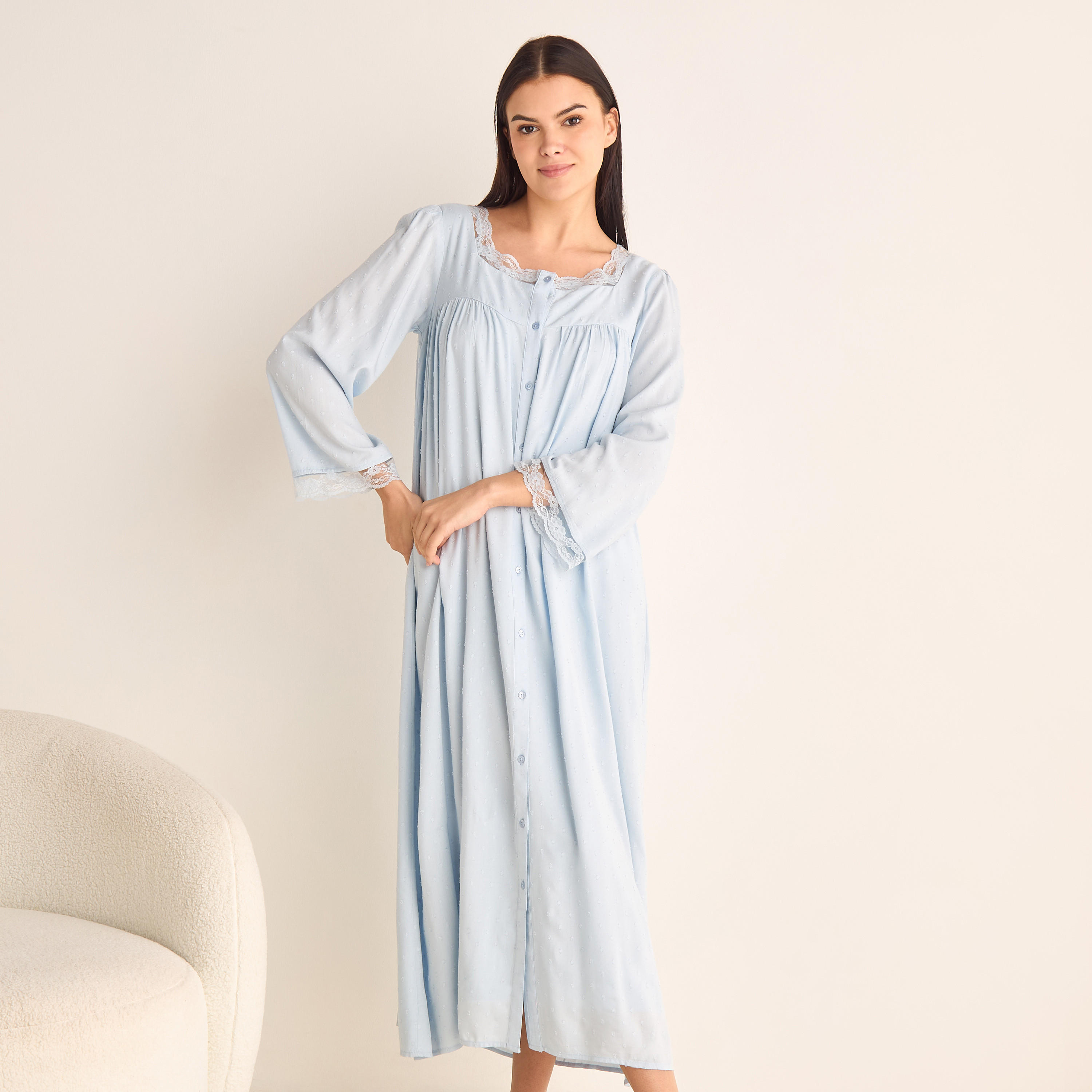 طقم قميص داخلي دوبي بارز الملمس وروب بدانتيل-women-clothing-nightwear-nighties-image-2