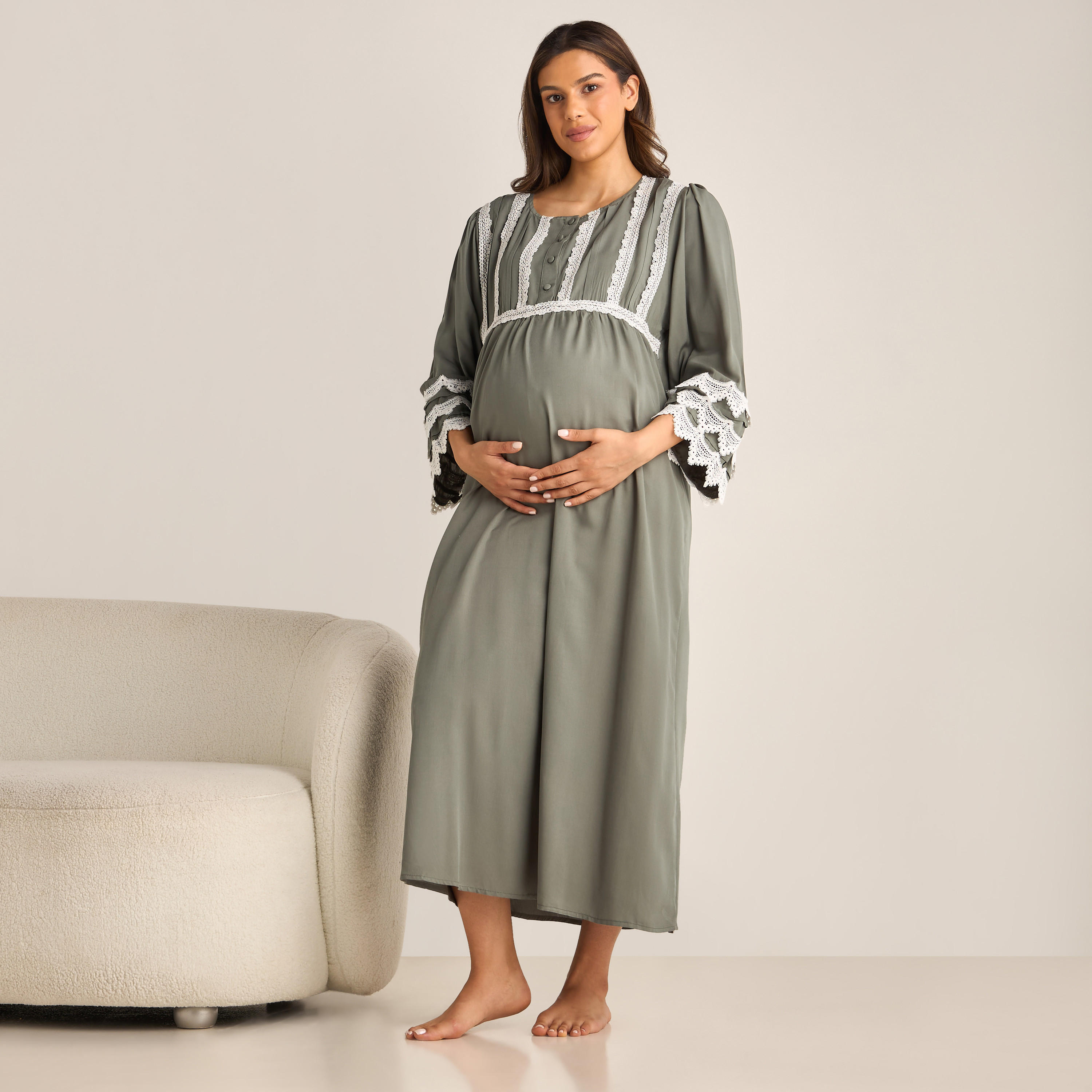 ثوب نوم للحوامل بأكمام 3/4 وتفاصيل دانتيل-women-clothing-maternity-nightwear-image-1