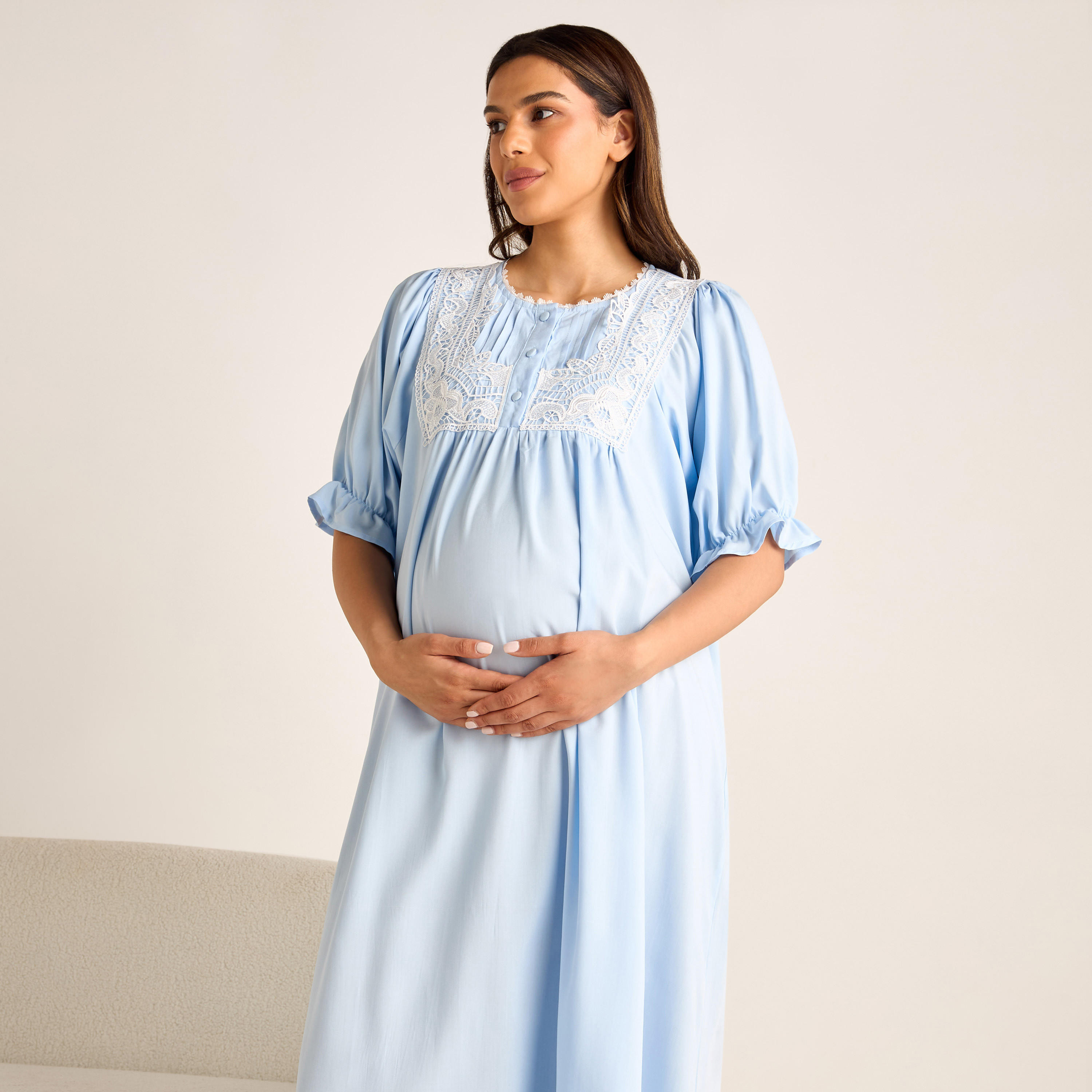 قميص نوم للحوامل بأكمام منفوخة وتفاصيل دانتيل-women-clothing-nightwear-nighties-image-2