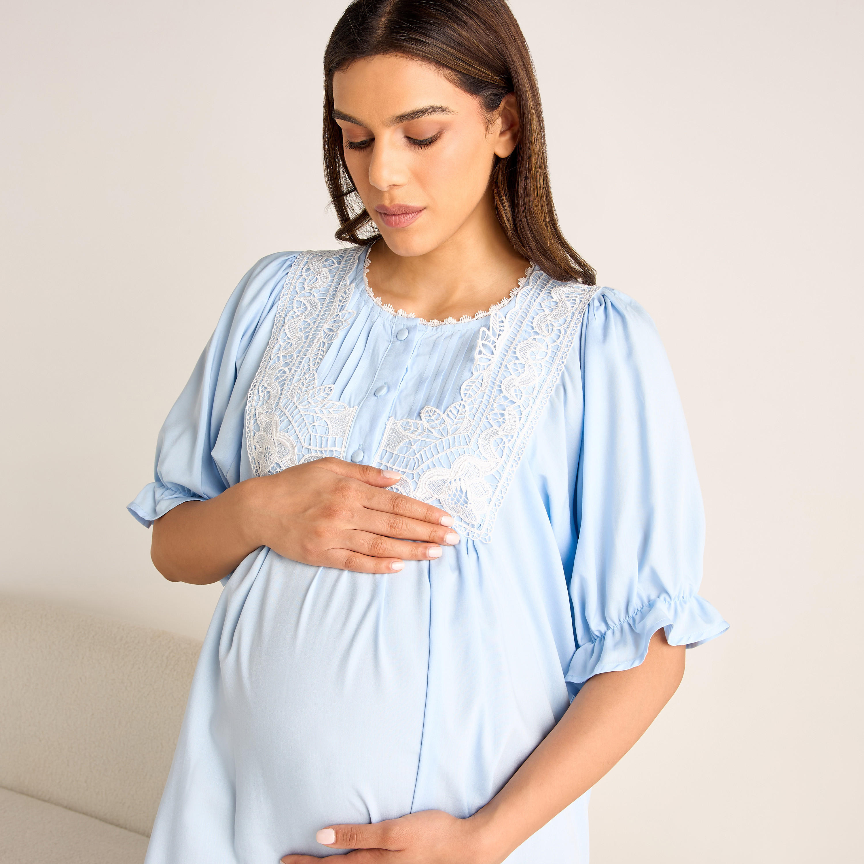 قميص نوم للحوامل بأكمام منفوخة وتفاصيل دانتيل-women-clothing-nightwear-nighties-image-4