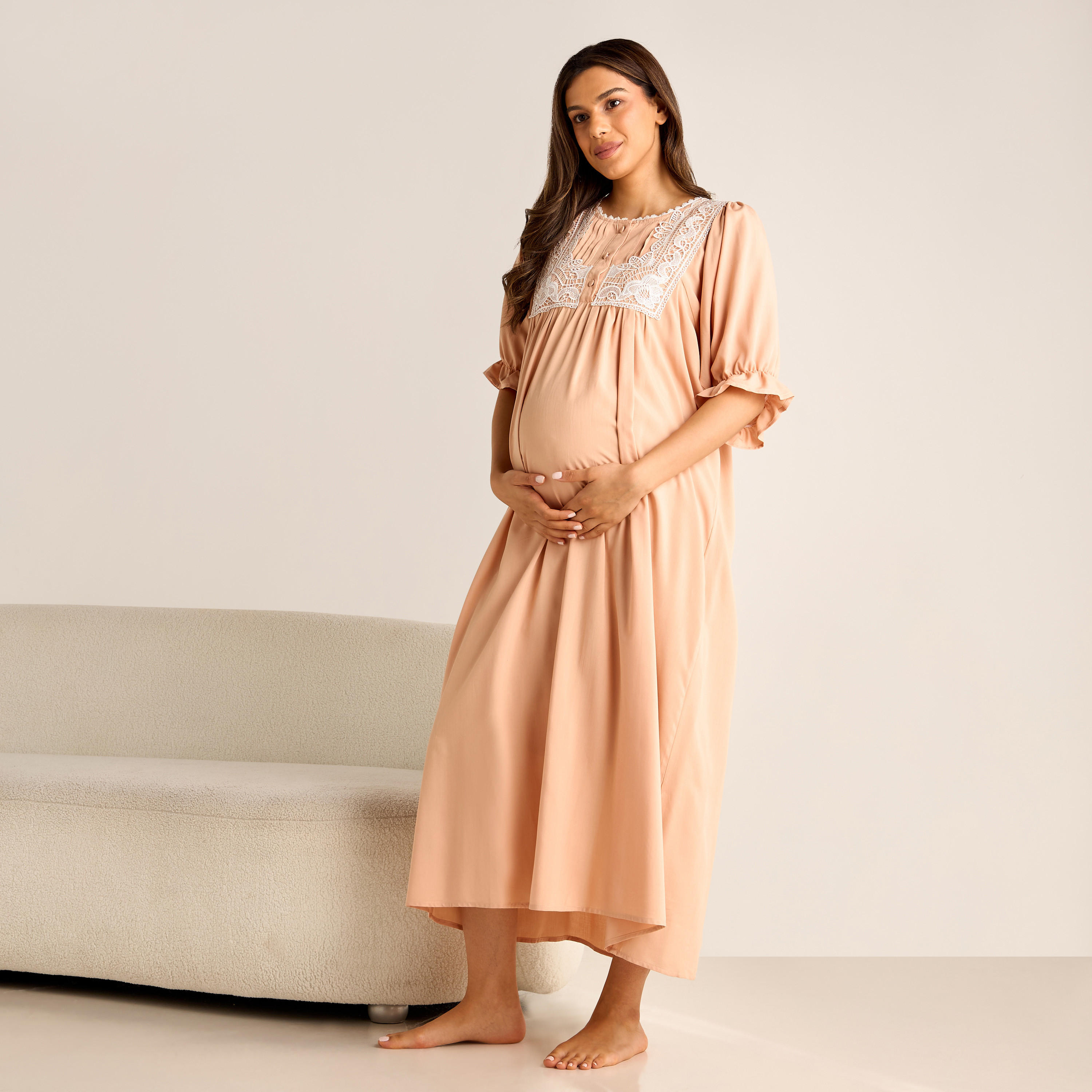 Lace Detail Maternity Night Gown with Puff Sleeves-women-clothing-nightwear-nighties-image-1
