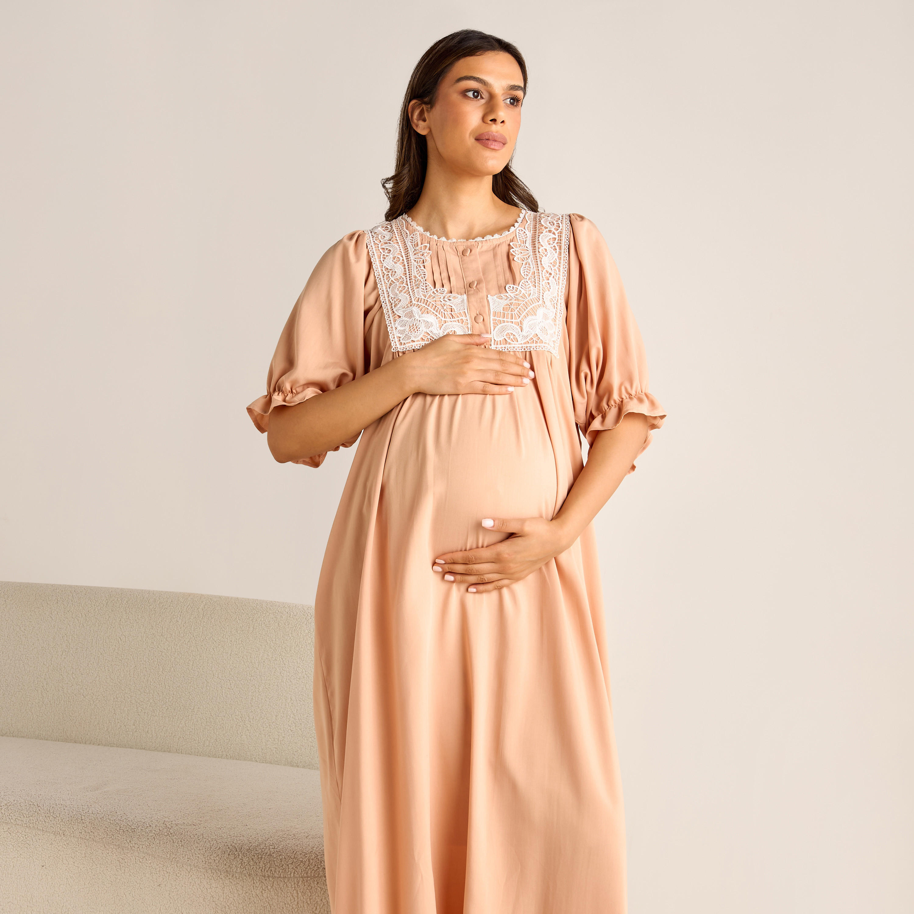 Lace Detail Maternity Night Gown with Puff Sleeves-women-clothing-nightwear-nighties-image-2