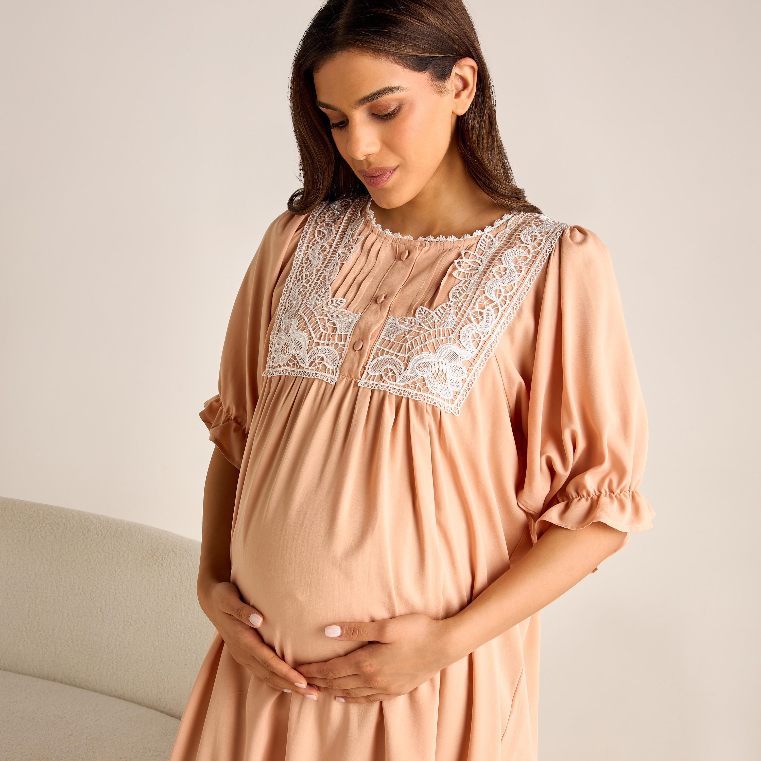 Lace Detail Maternity Night Gown with Puff Sleeves-women-clothing-nightwear-nighties-image-4
