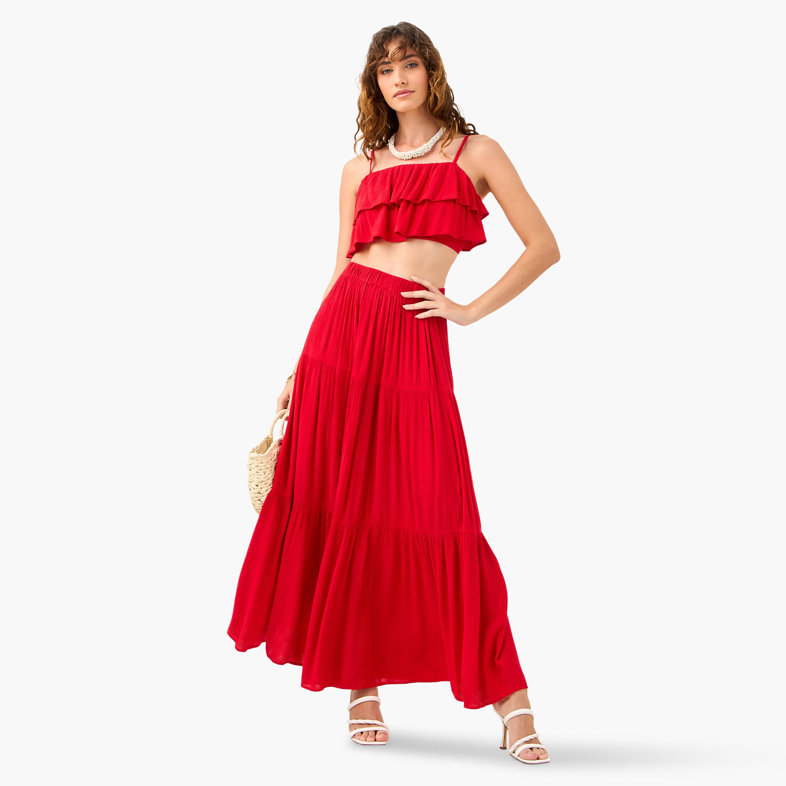 طقم تنورة متعددة الطبقات وبلوزة شاطئ دون أكمام بتفاصيل كشكش-women-clothing-swimandbeach-beachwear-image-1