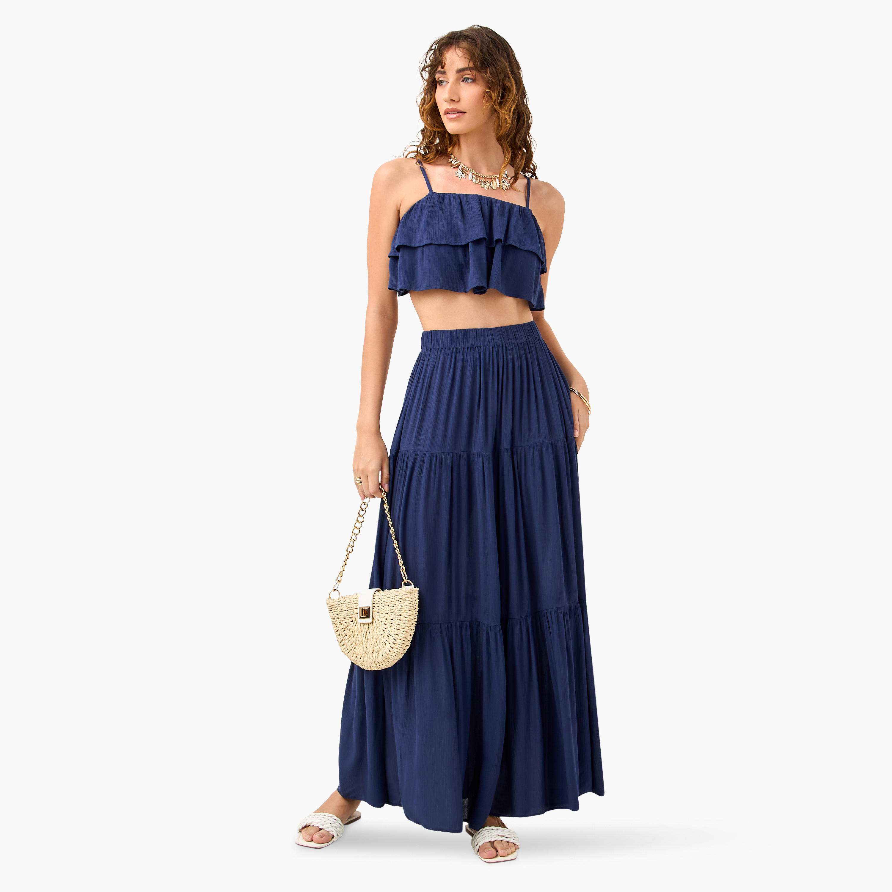 Ruffle Detail Sleeveless Beach Top and Tiered Skirt Set-women-clothing-swimandbeach-beachwear-image-1