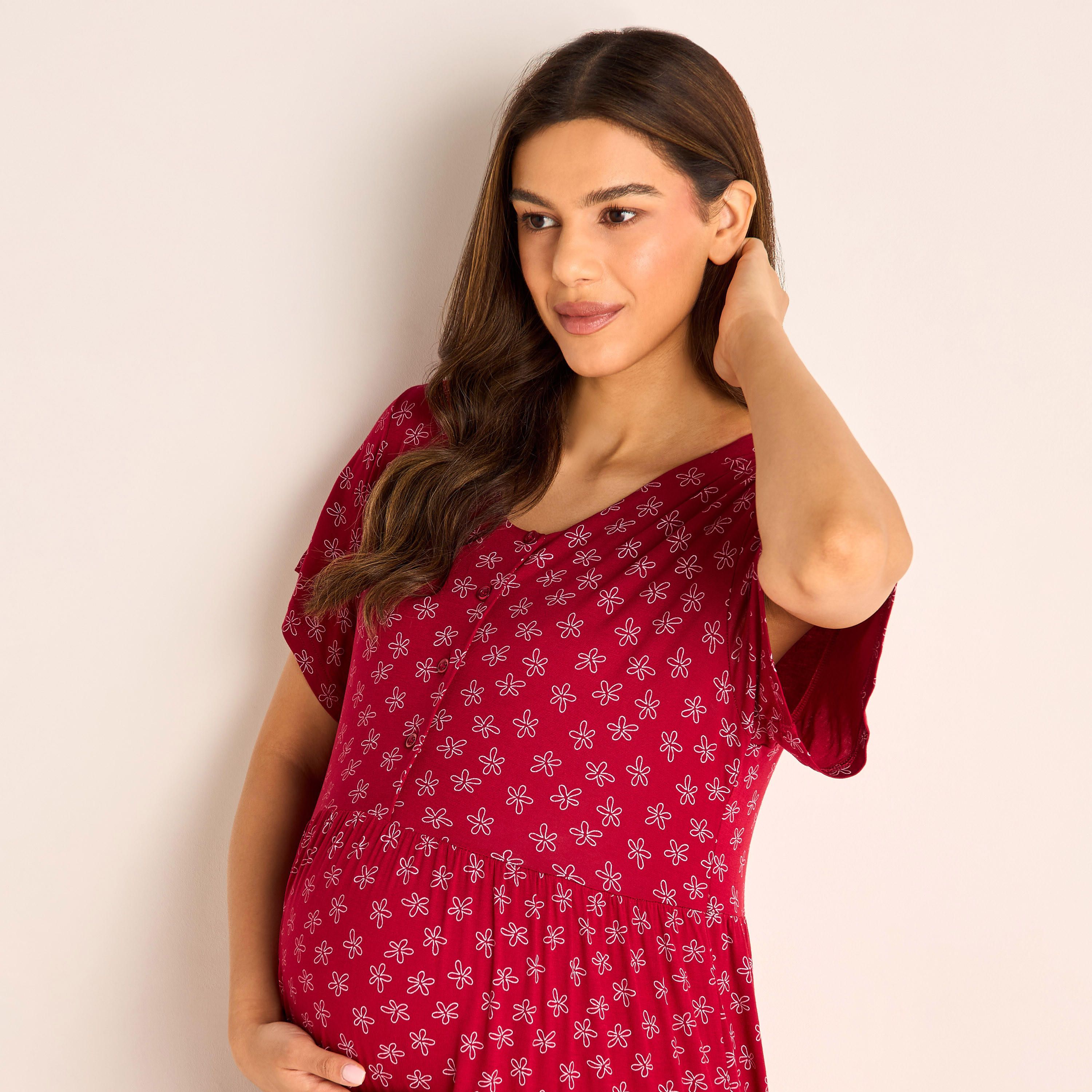 Printed Maternity Sleepshirt with Short Sleeves-women-clothing-maternity-nightwear-image-4