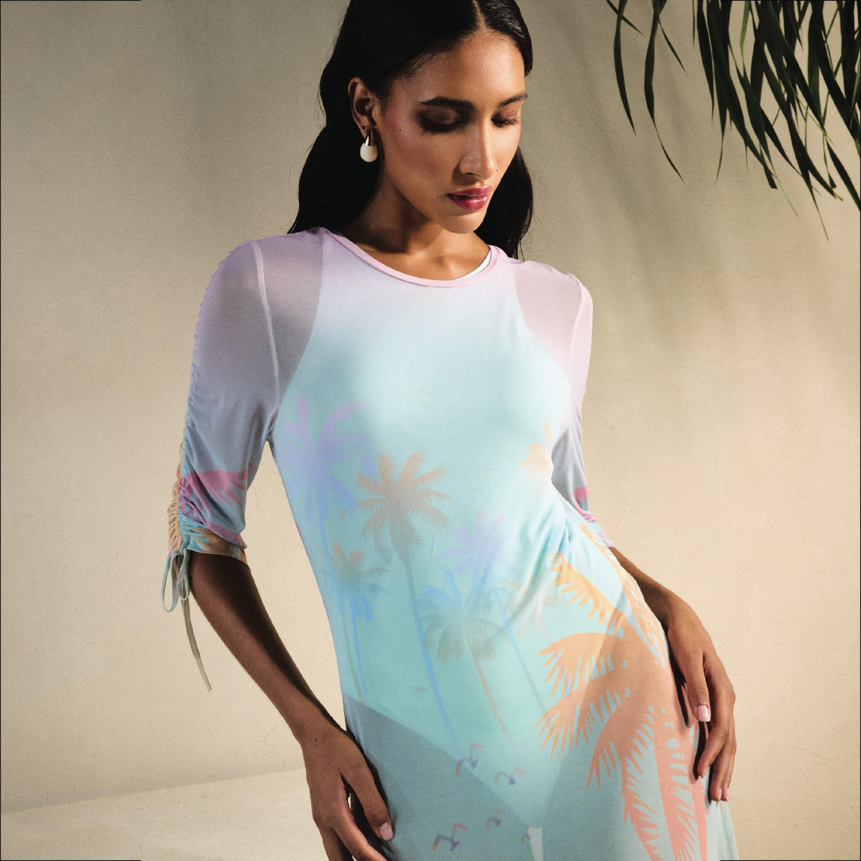 Tropical Print Cover-Up with Ruched Detail-women-clothing-swimandbeach-beachwear-image-1