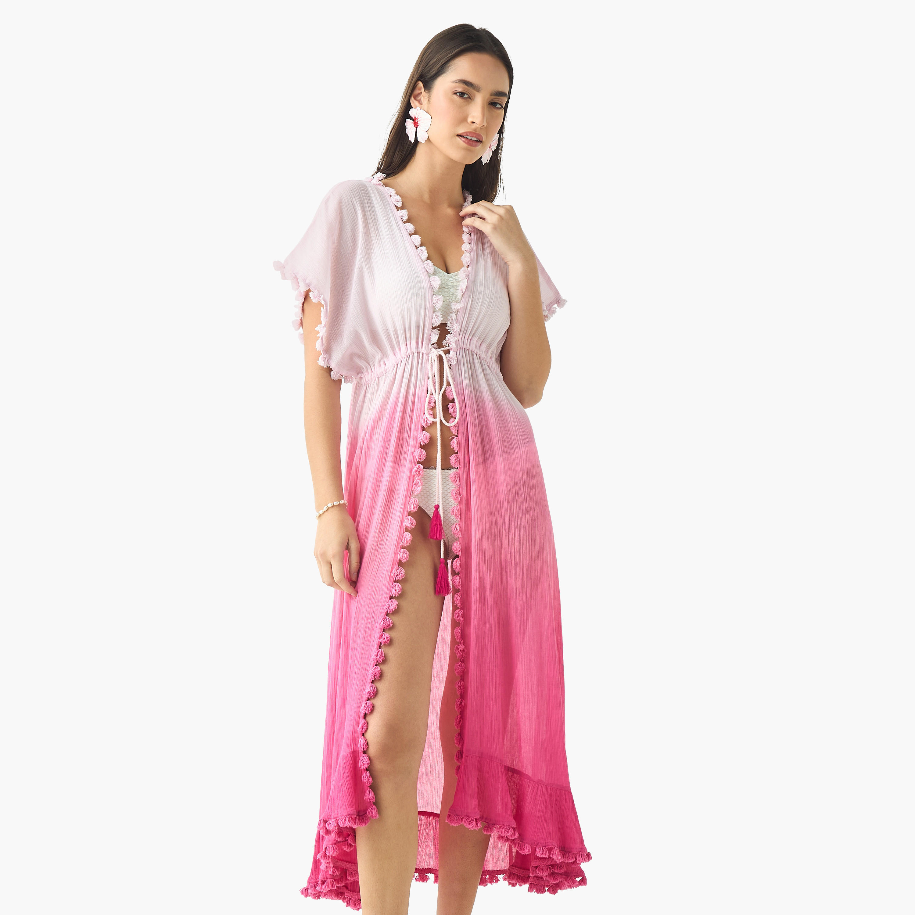 Pom Pom Detail Cover-Up with Tie-Ups-women-clothing-swimandbeach-beachwear-image-2