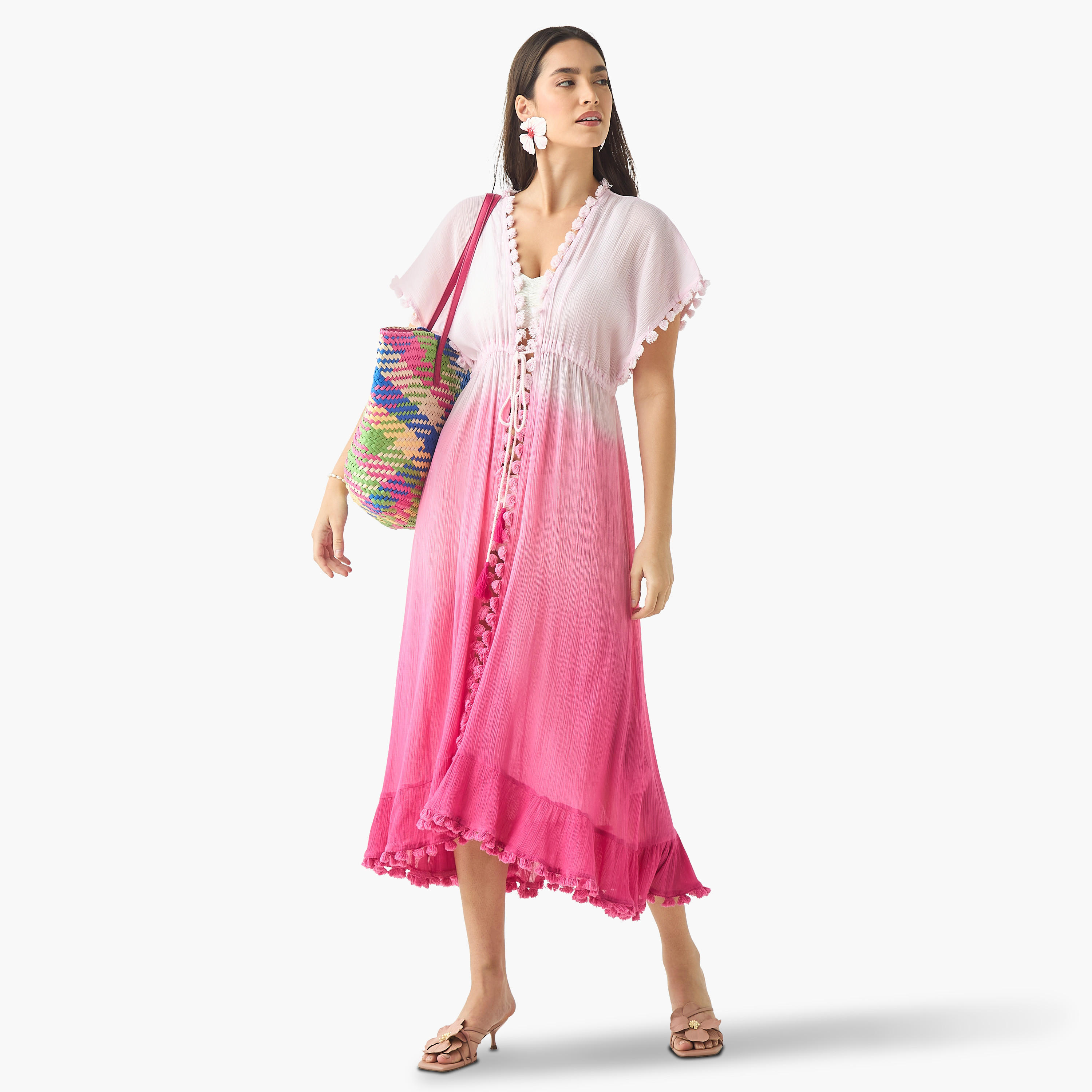 Pom Pom Detail Cover-Up with Tie-Ups-women-clothing-swimandbeach-beachwear-image-3
