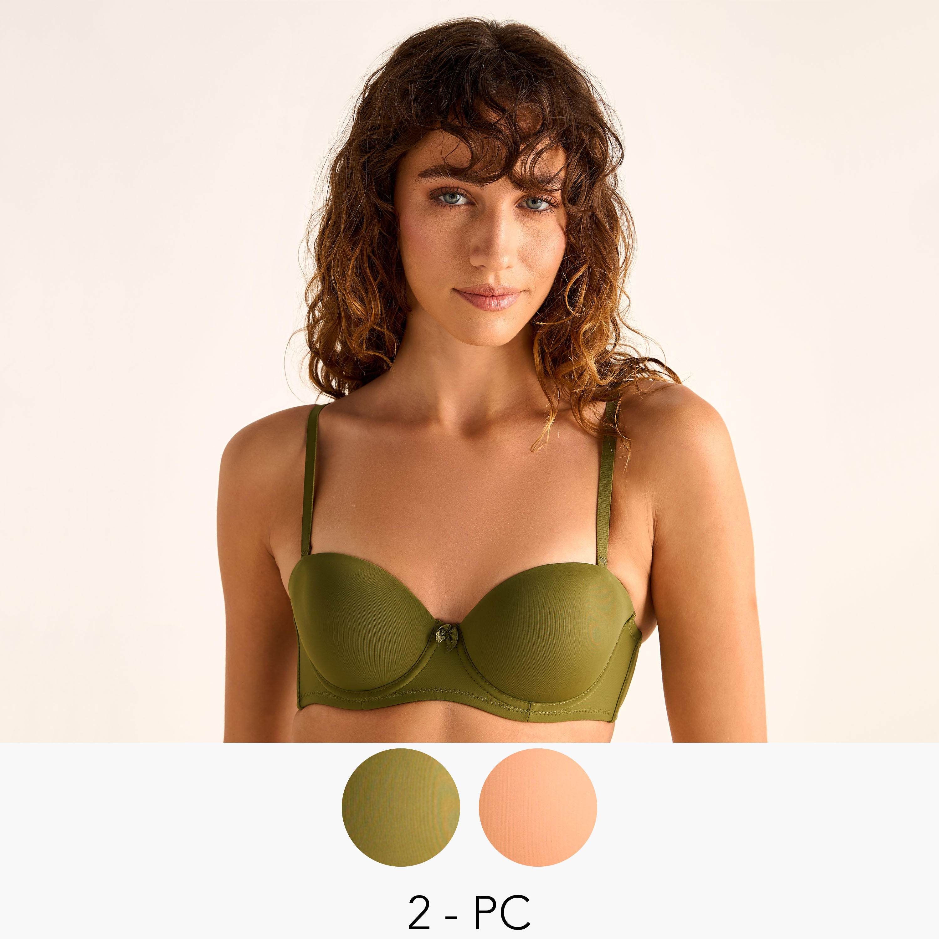 Set of 2 - Bow Detail Wired Balconette Bra with Hook and Eye Closure-women-clothing-lingerie-bras-image-1