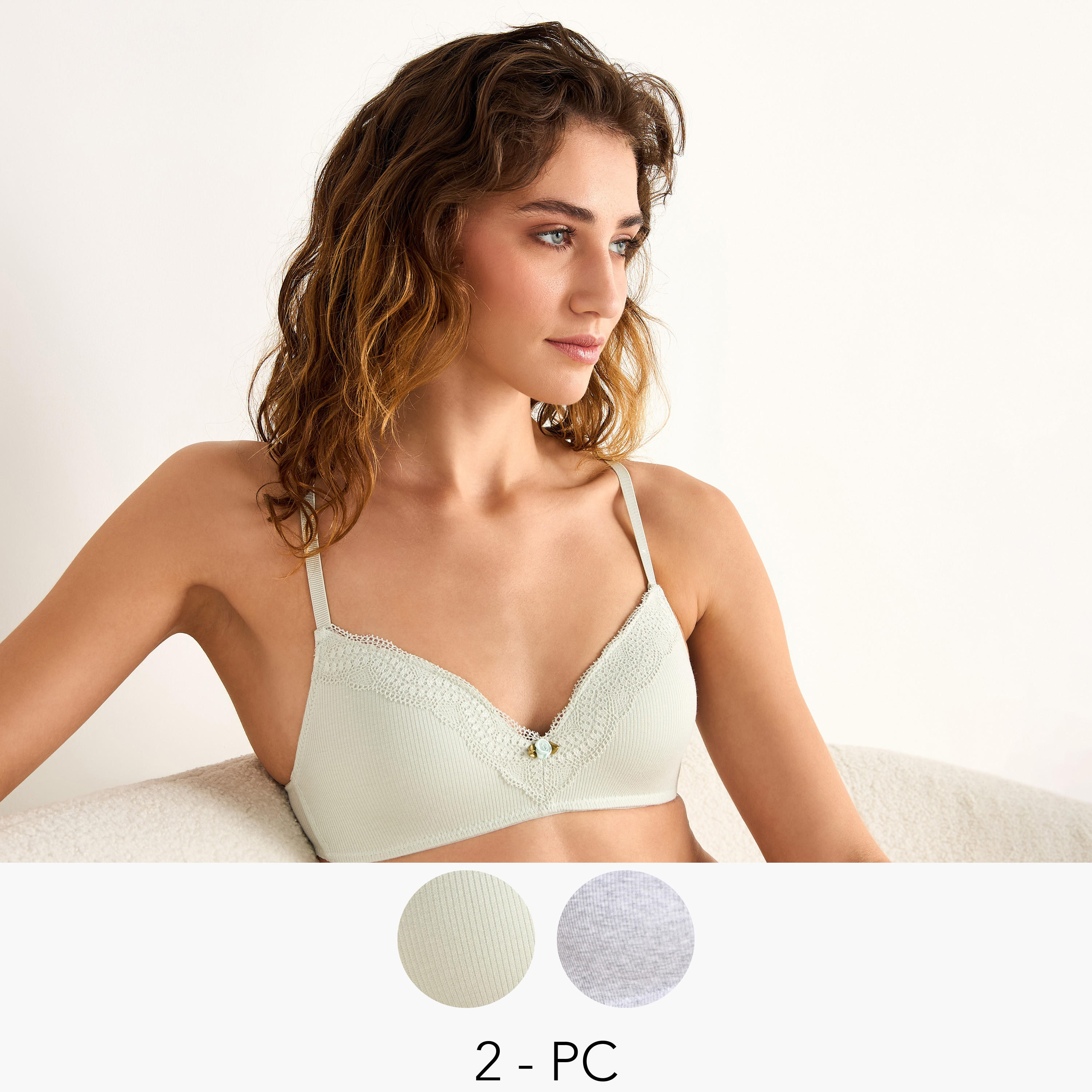 Set of 2 - Lace Detail Ribbed Bra with Hook and Eye Closure-women-clothing-lingerie-bras-image-1