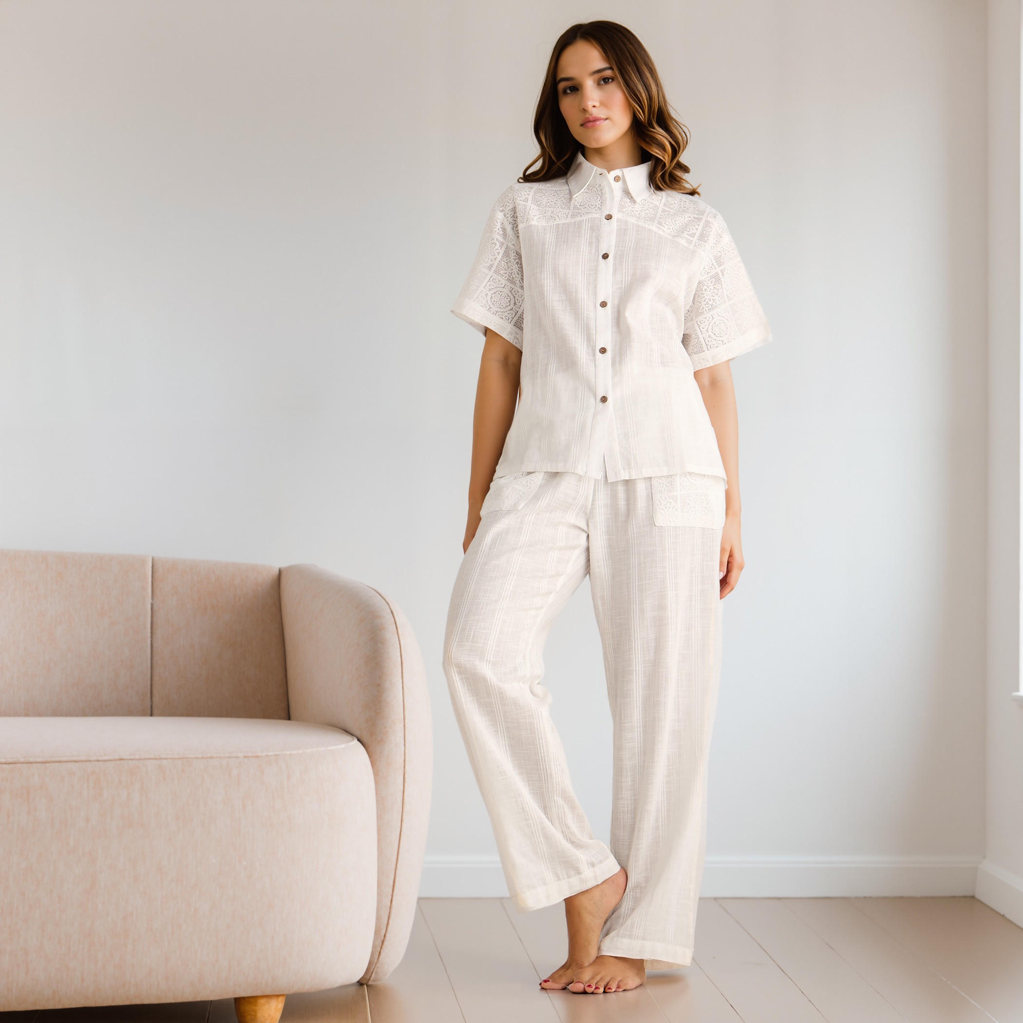 Crochet Detail Shirt and Pyjama Set-women-clothing-nightwear-pyjamas-longsets-image-1