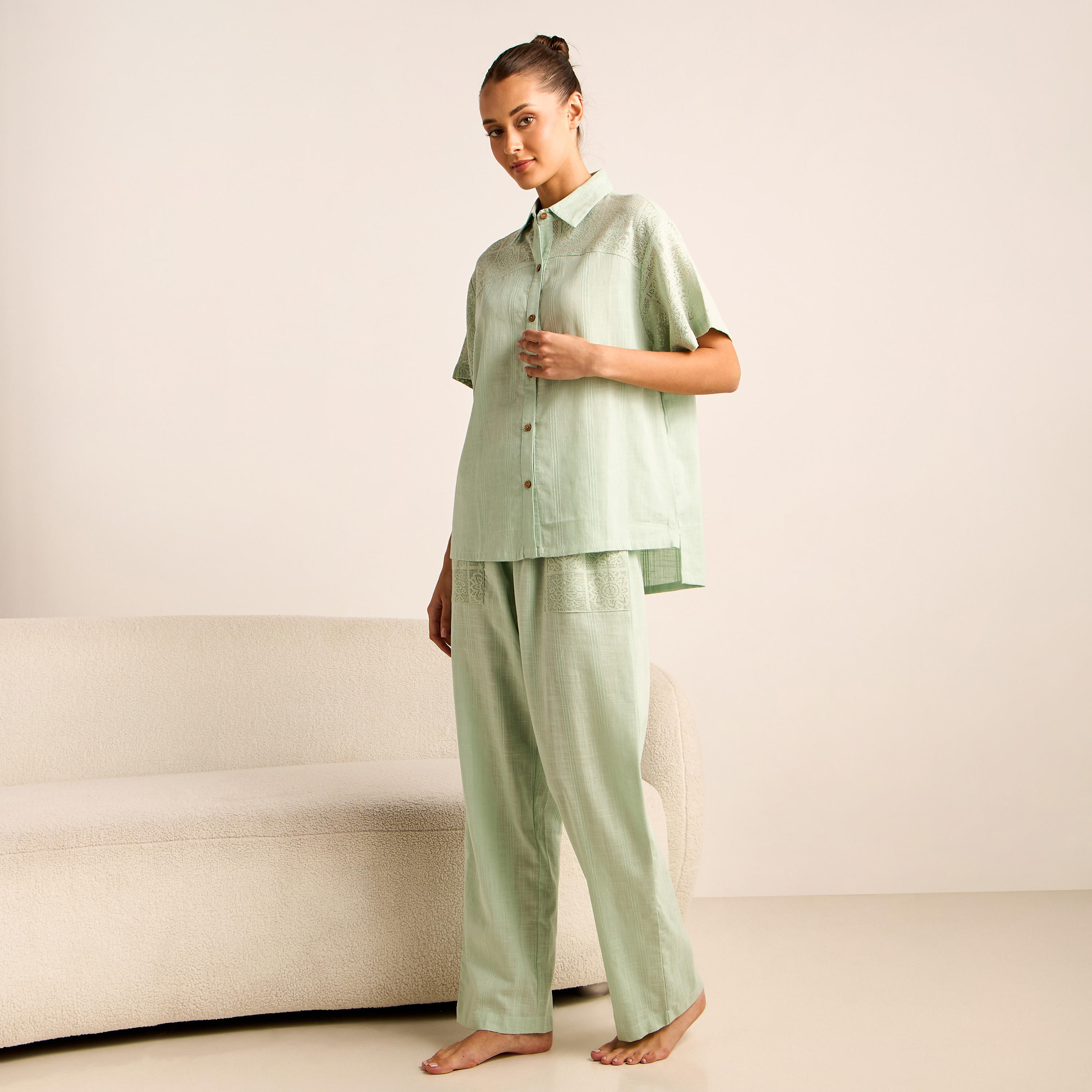 Crochet Detail Shirt and Pyjama Set-women-clothing-nightwear-pyjamas-longsets-image-2