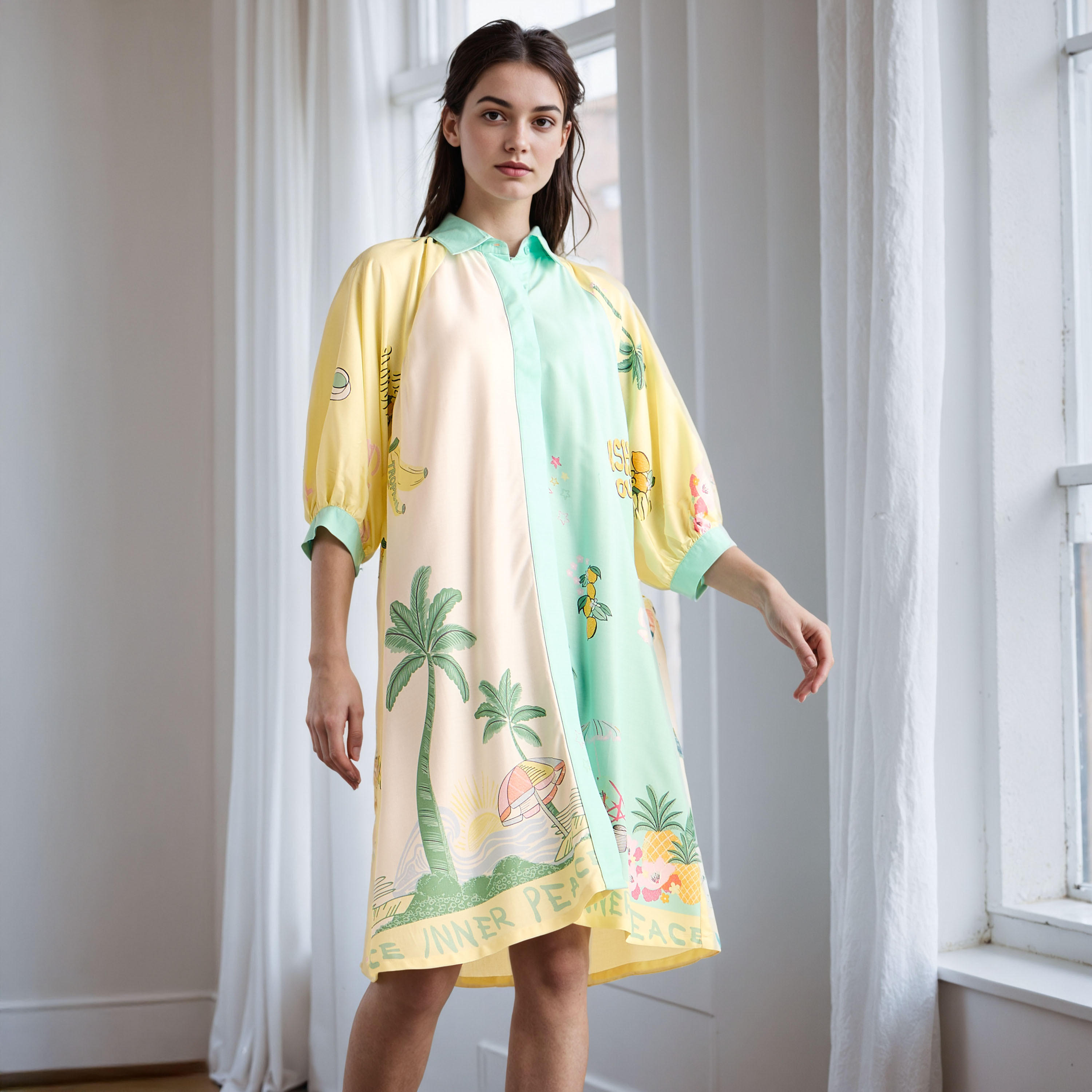 قميص نوم بطبعات وياقة عادية وأكمام 3/4-women-clothing-nightwear-nighties-image-1