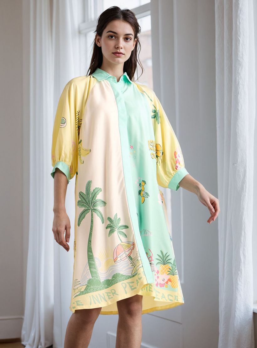 قميص نوم بطبعات وياقة عادية وأكمام 3/4-women-clothing-nightwear-nighties-image-1