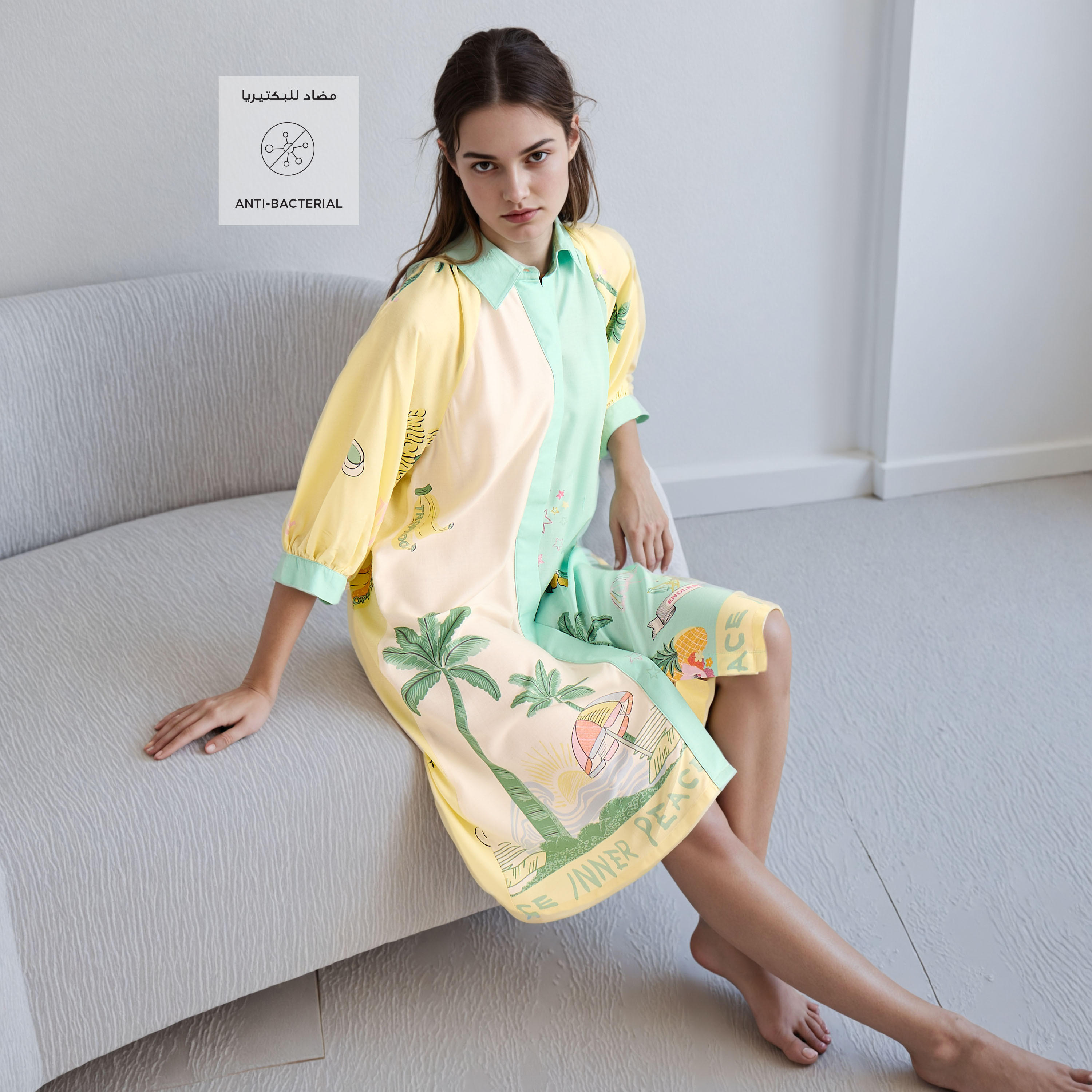 قميص نوم بطبعات وياقة عادية وأكمام 3/4-women-clothing-nightwear-nighties-image-2