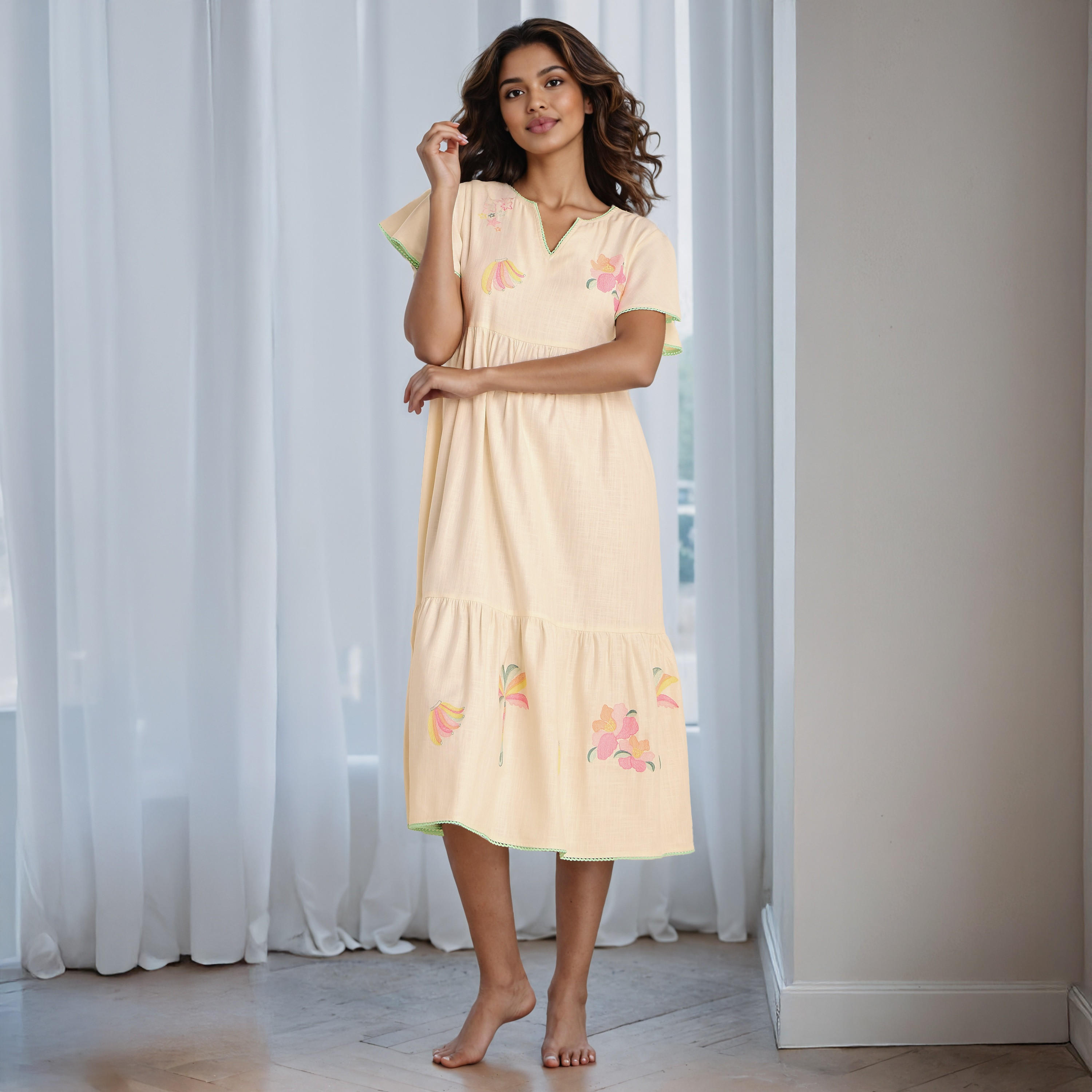 Embroidered Tiered Viscose Night Dress with Short Flared Sleeves-women-clothing-nightwear-nighties-image-1