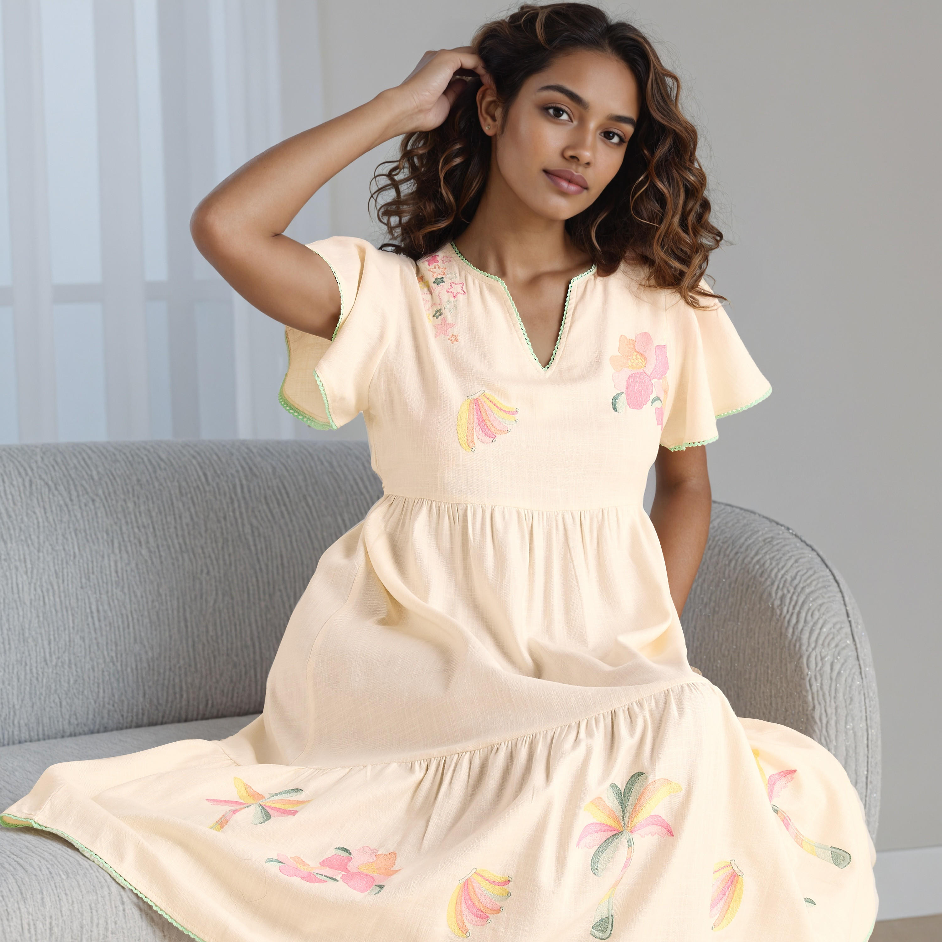 Embroidered Tiered Viscose Night Dress with Short Flared Sleeves-women-clothing-nightwear-nighties-image-3