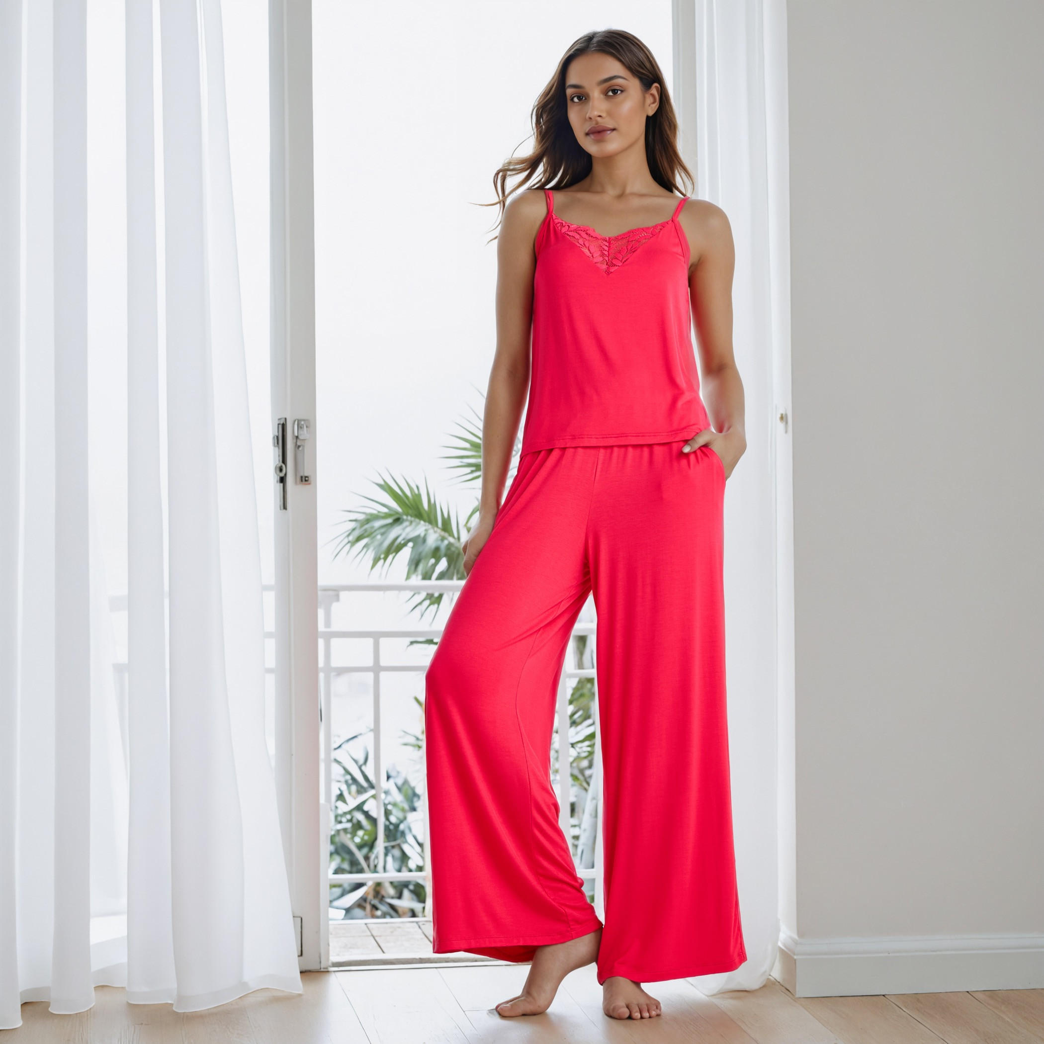 طقم بيجاما وقميص داخلي بحمّالات وتفاصيل دانتيل-women-clothing-nightwear-pyjamas-longsets-image-1