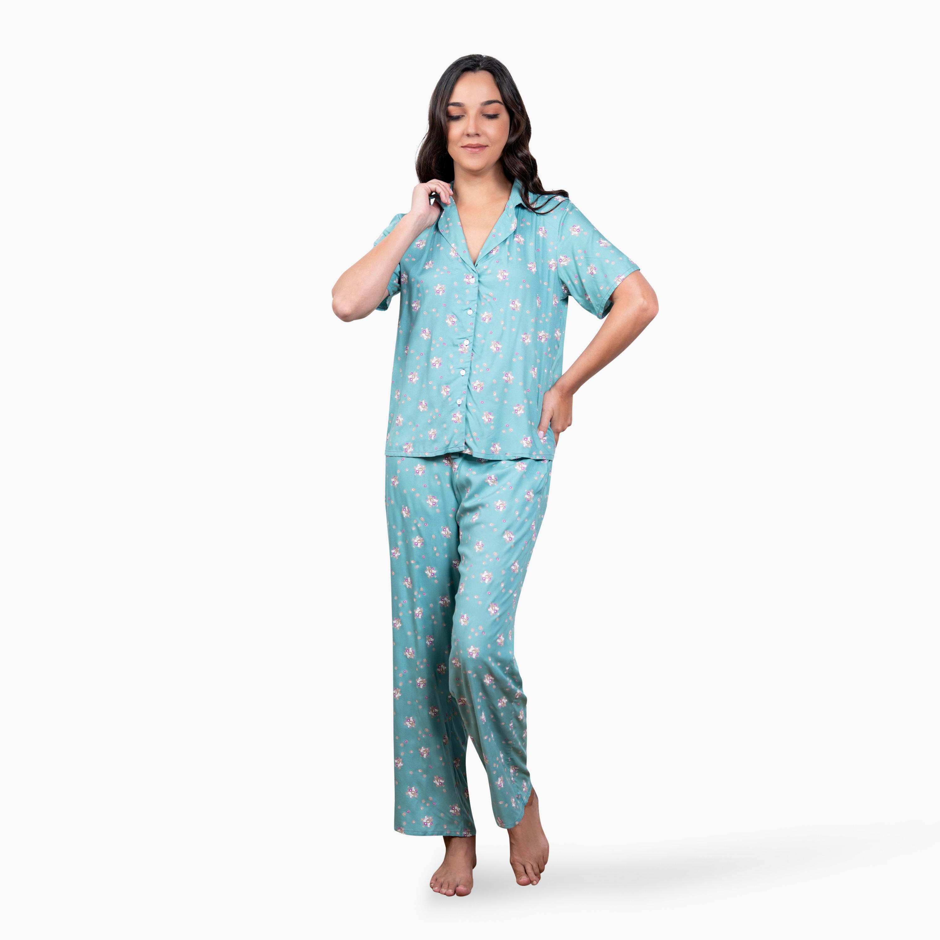Floral Print Rayon Pyjama Set-women-clothing-nightwear-pyjamas-longsets-image-1