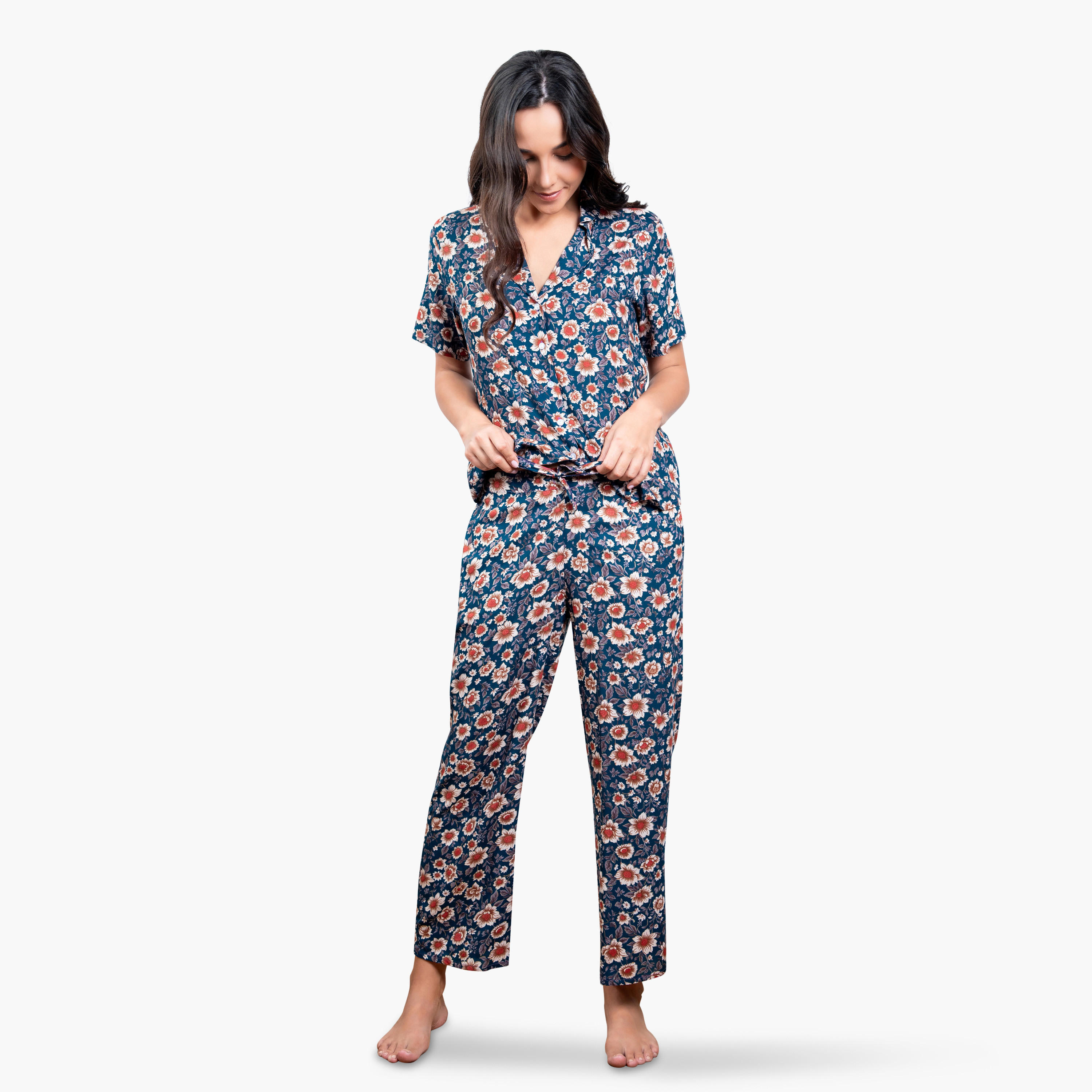 طقم بيجاما رايون بطبعات أزهار-women-clothing-nightwear-pyjamas-longsets-image-1