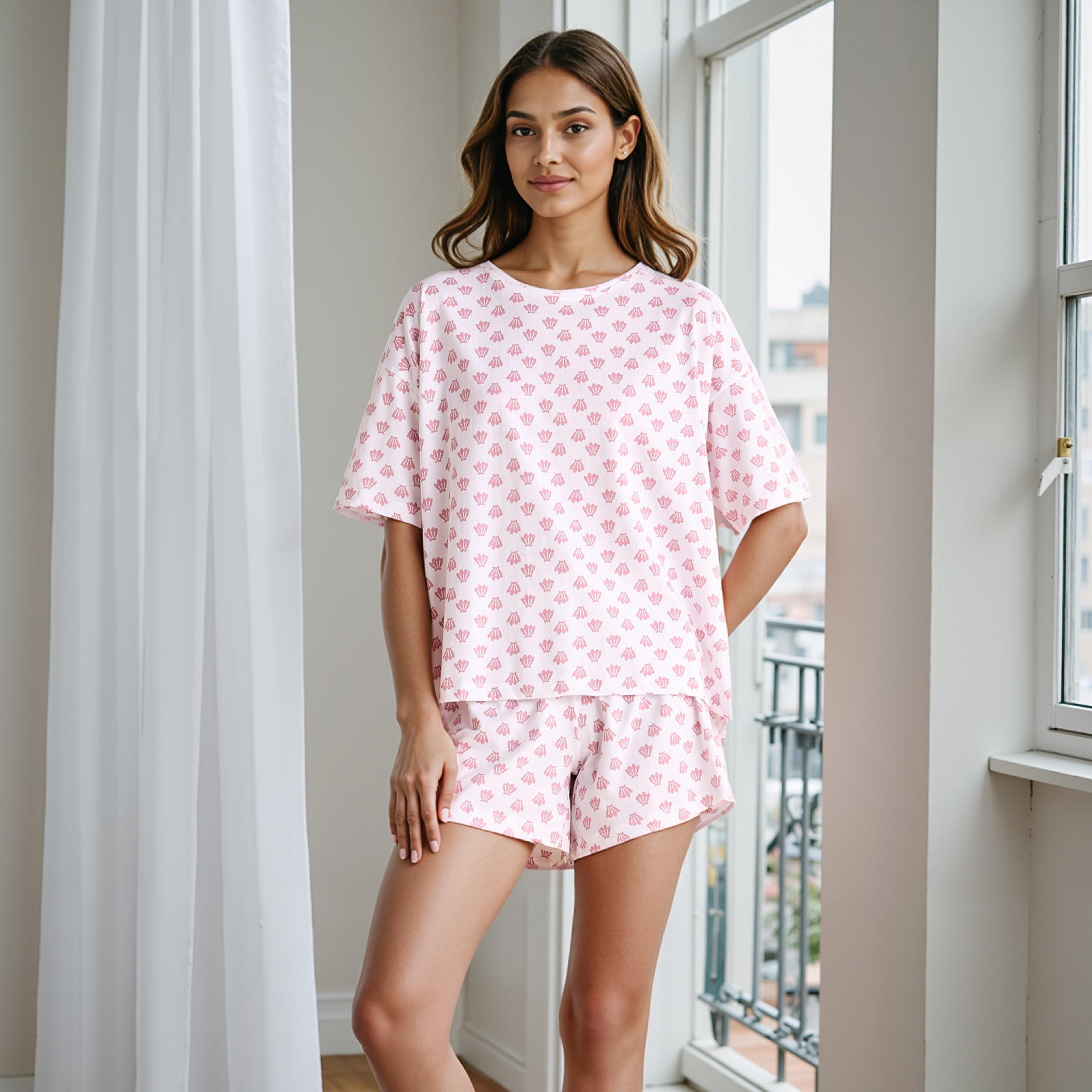 طقم شورت وتيشيرت بطبعات-women-clothing-nightwear-pyjamas-shortsets-image-1