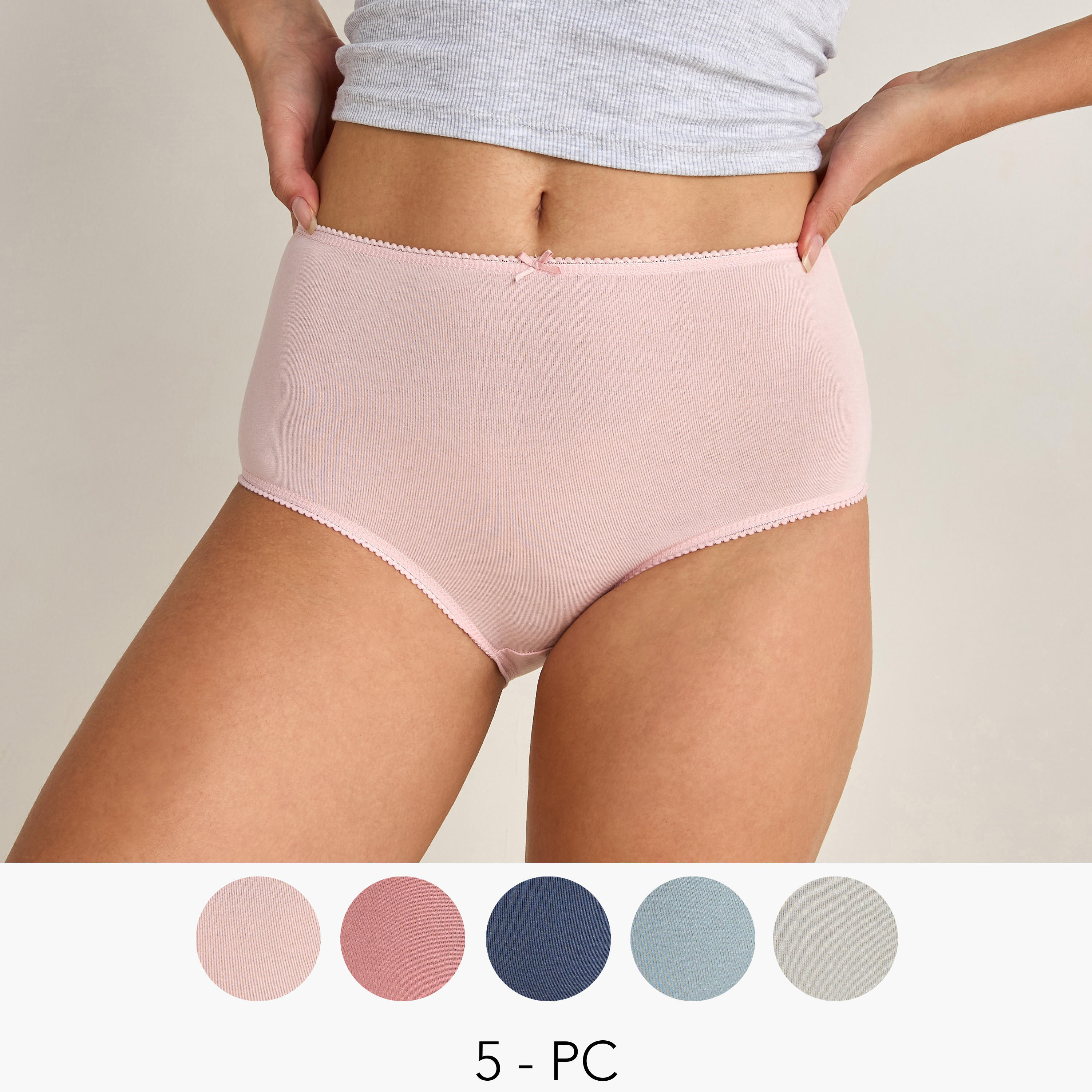 طقم سراويل داخلية كاملة 5 قطع بخصر مطاطي وتفاصيل فيونكة-women-clothing-lingerie-panties-image-1