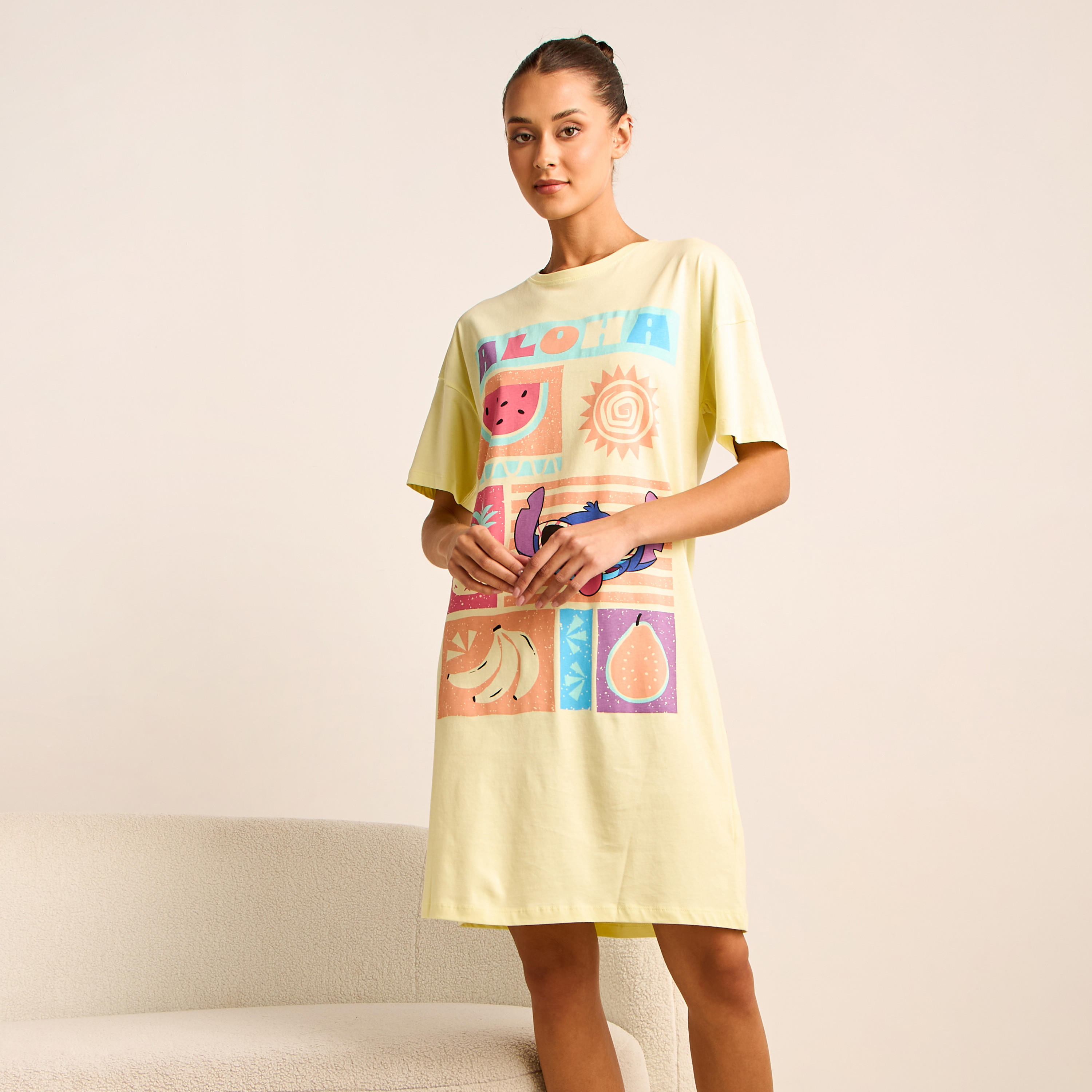 فستان نوم قطن بياقة مستديرة وطبعات -women-clothing-nightwear-nighties-image-6