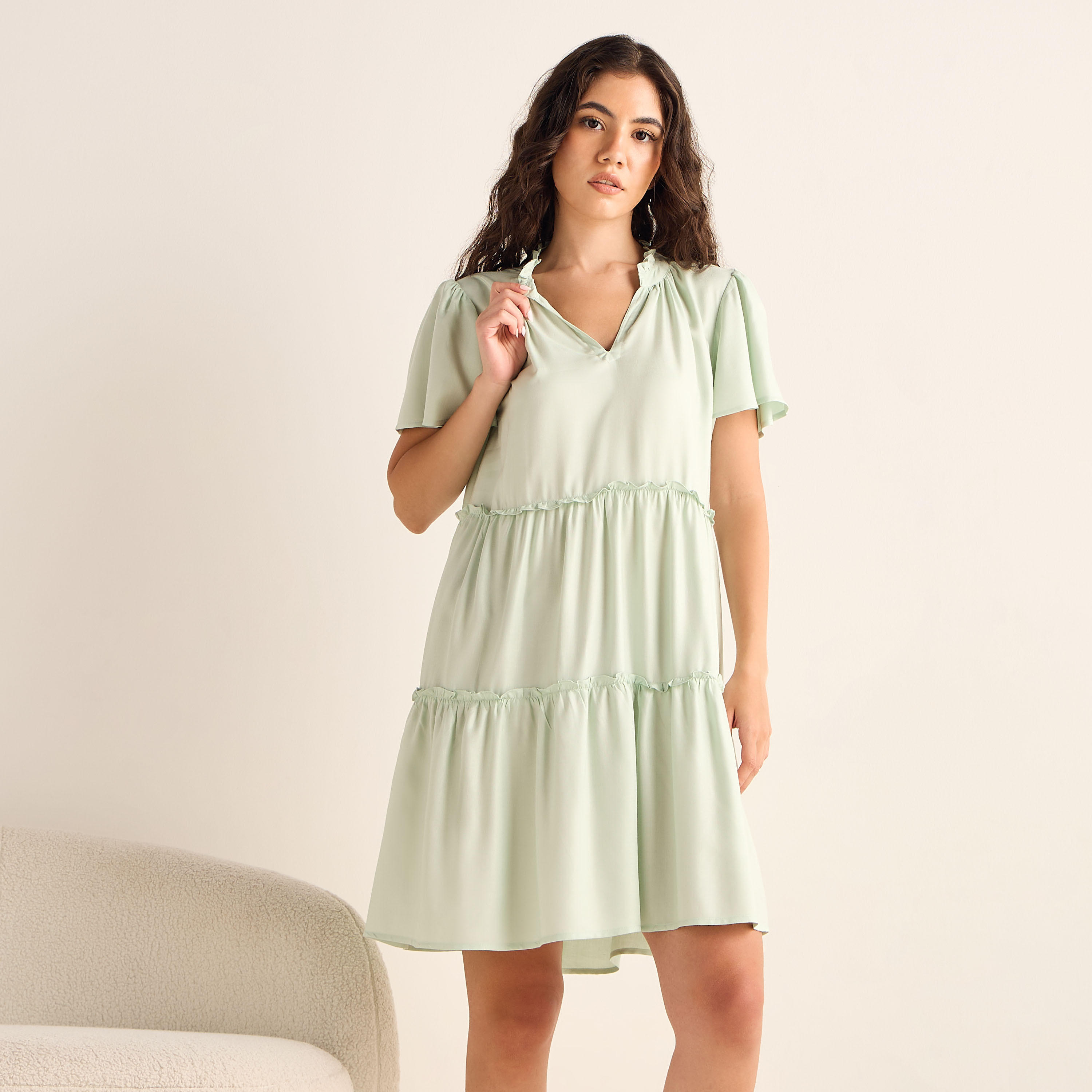 Set of 2 - Tiered Viscose Night Dress with Flutter Sleeves-women-clothing-nightwear-nighties-image-7