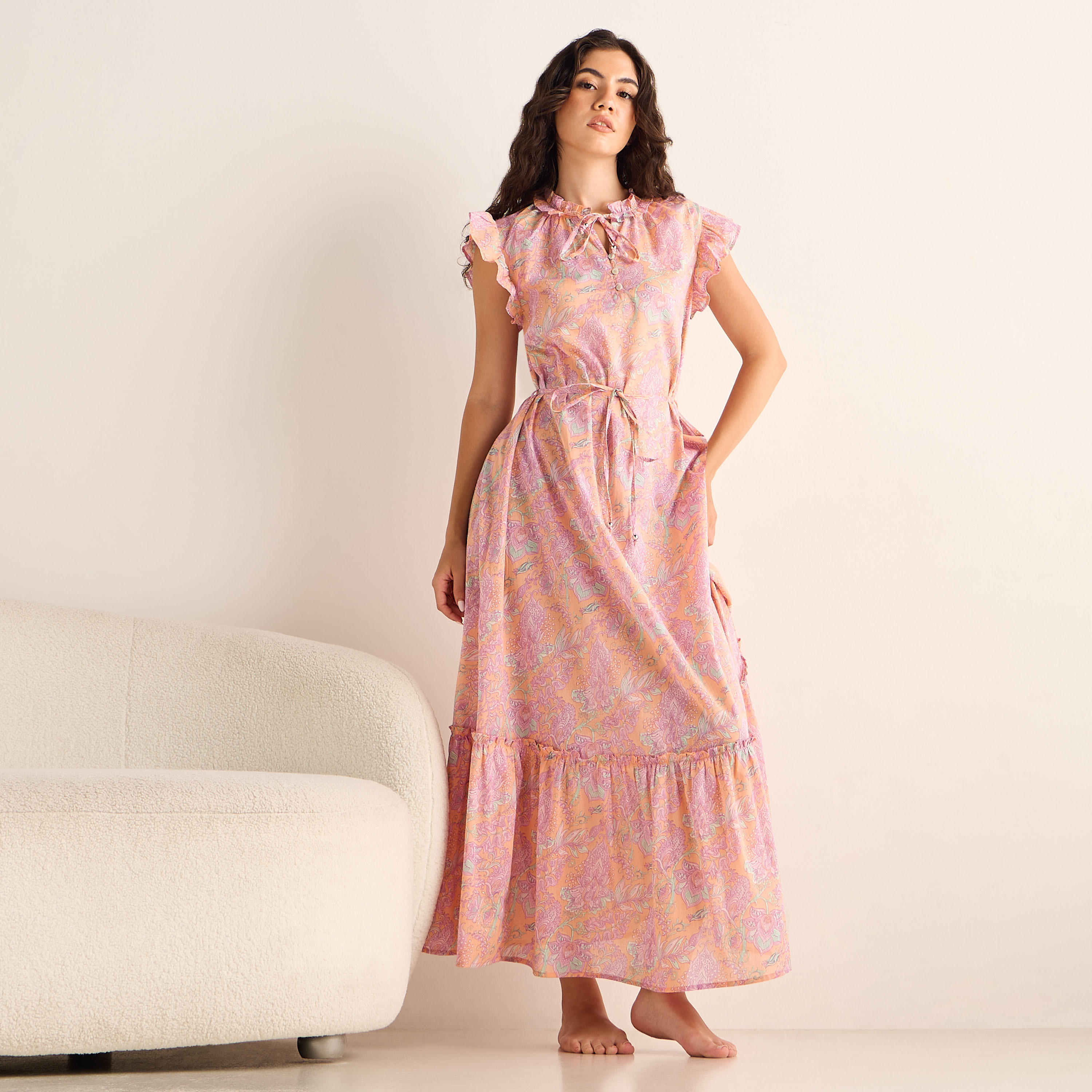 ثوب نوم فيسكوز بأكمام كاب وحزام ربط وطبعات-women-clothing-nightwear-nighties-image-2