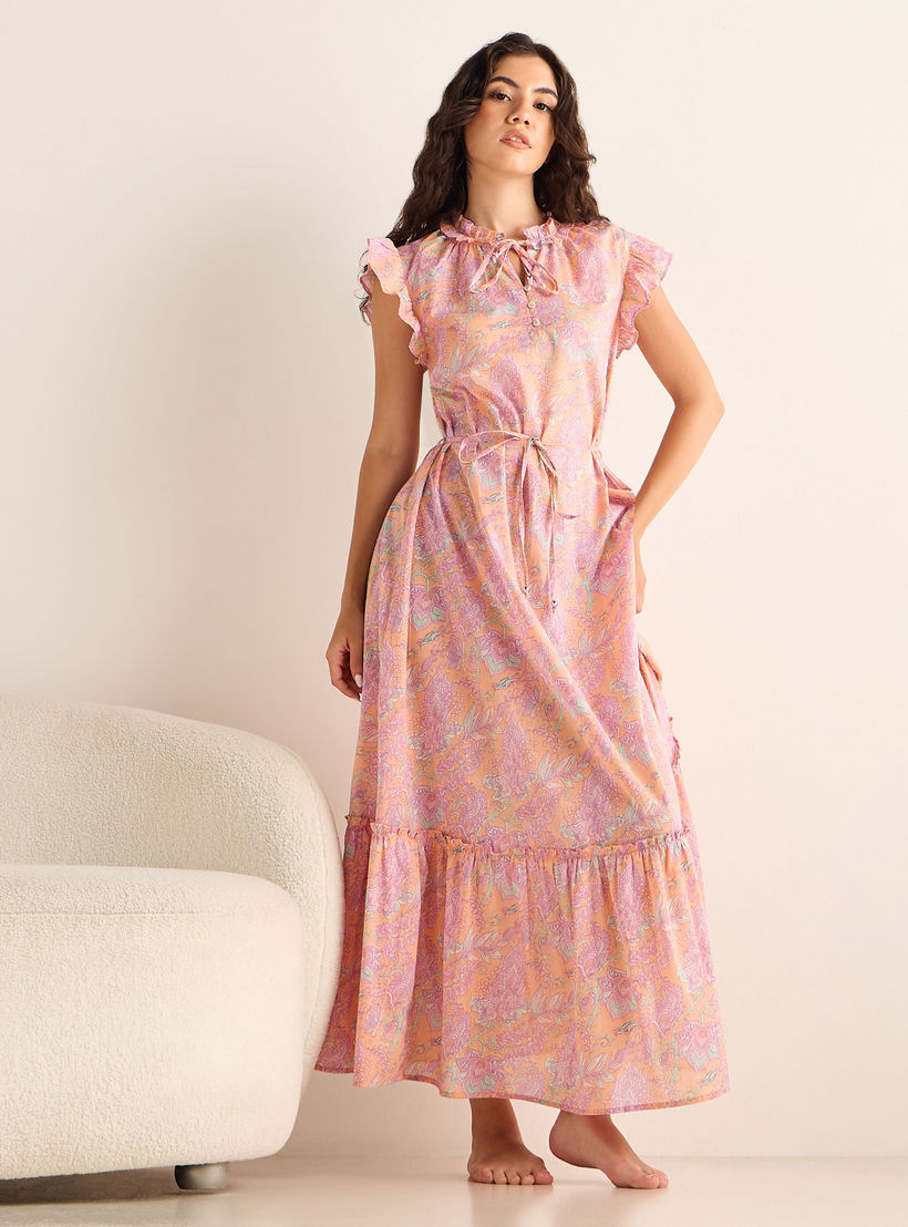 ثوب نوم فيسكوز بأكمام كاب وحزام ربط وطبعات-women-clothing-nightwear-nighties-image-2
