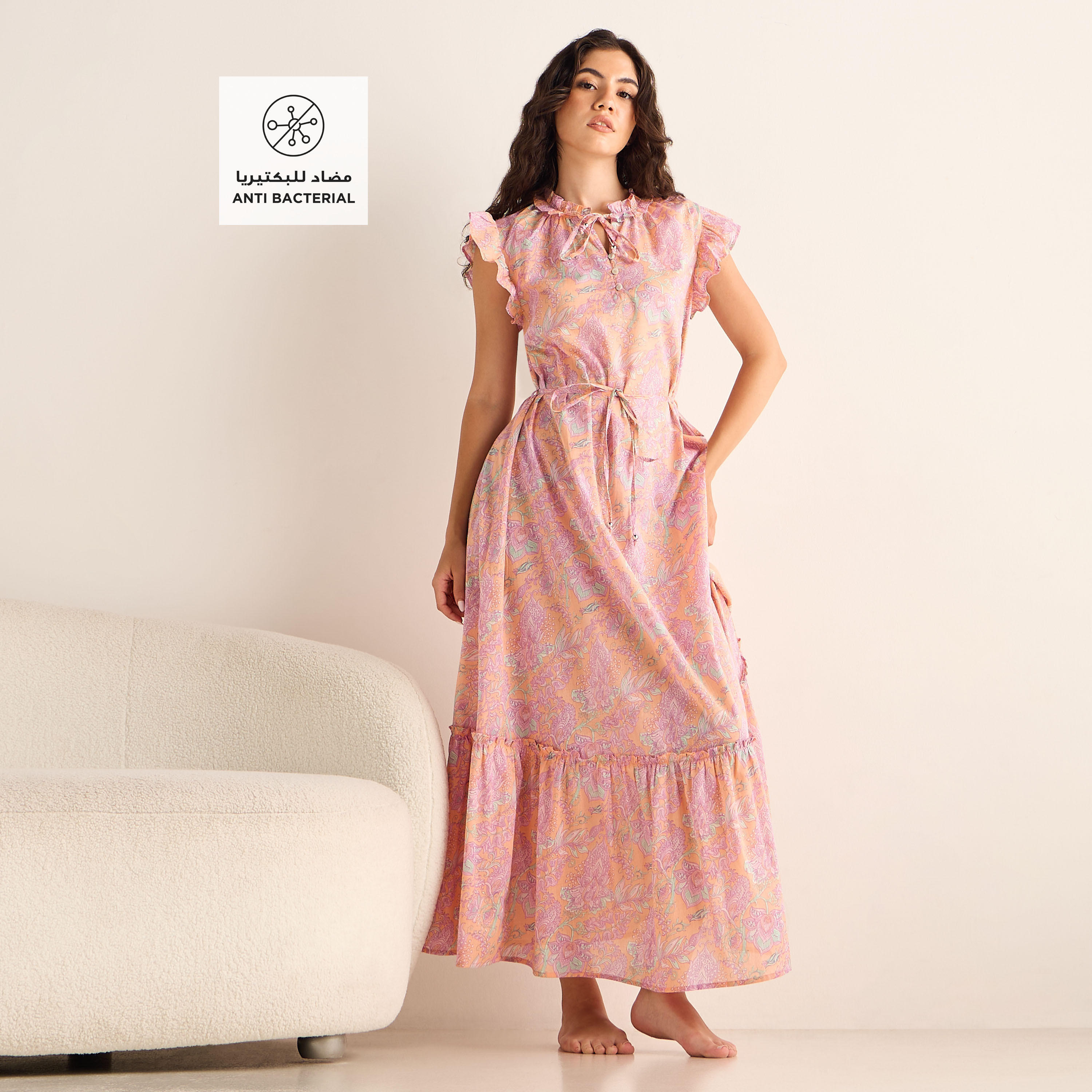 ثوب نوم فيسكوز بأكمام كاب وحزام ربط وطبعات-women-clothing-nightwear-nighties-image-3