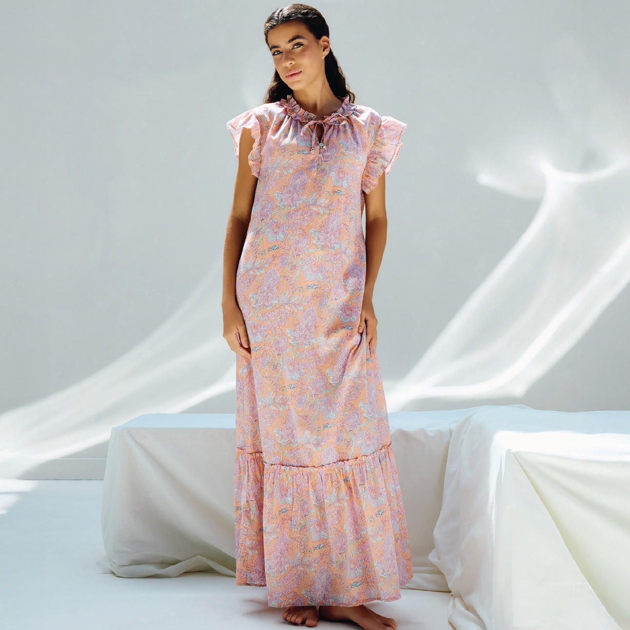 ثوب نوم فيسكوز بأكمام كاب وحزام ربط وطبعات-women-clothing-nightwear-nighties-image-1