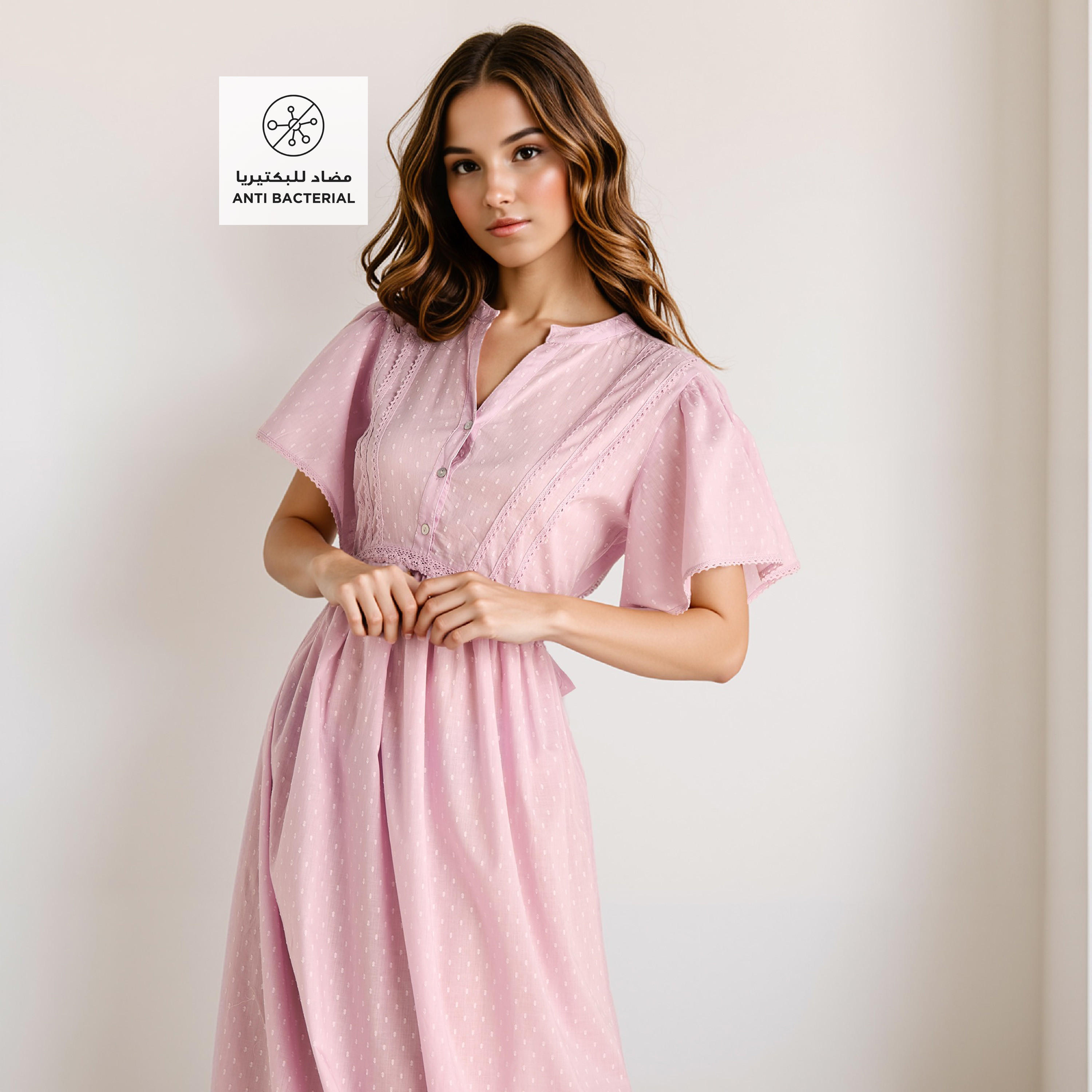 Textured Dobby Viscose Night Gown with Tie-Up Belt and Flutter Sleeves-women-clothing-nightwear-nighties-image-2